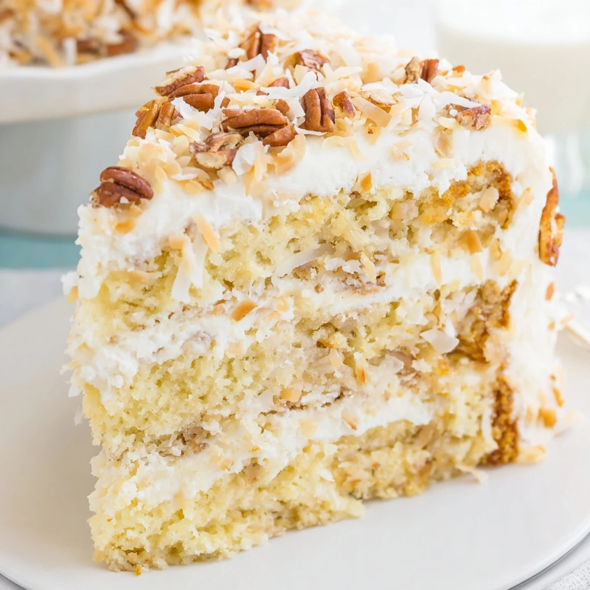 Fluffy Quick Italian Cream Cake layered with coconut pecans and smooth vanilla cream cheese frosting