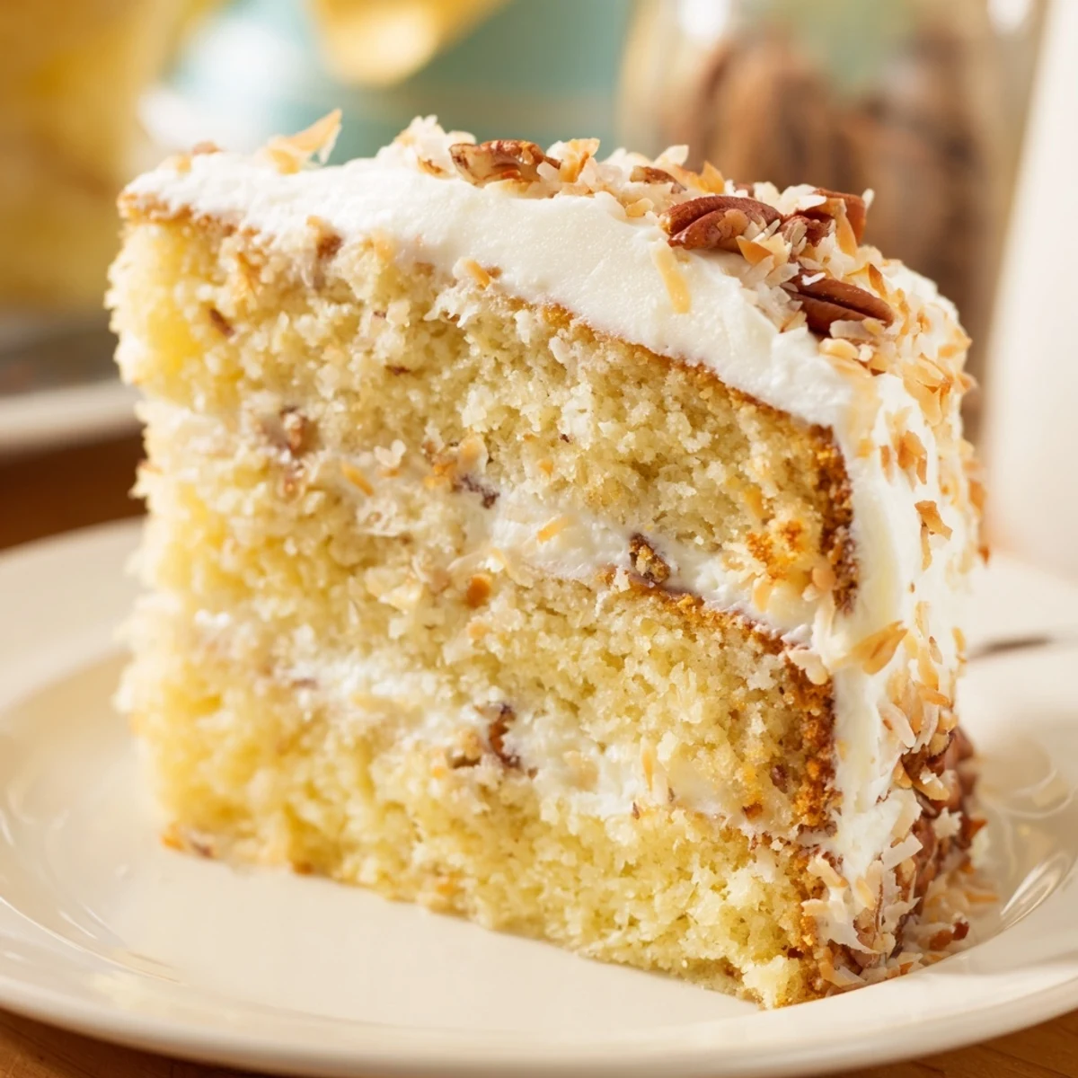 Decadent Quick Italian Cream Cake topped with crunchy toasted coconut and rich cream cheese icing