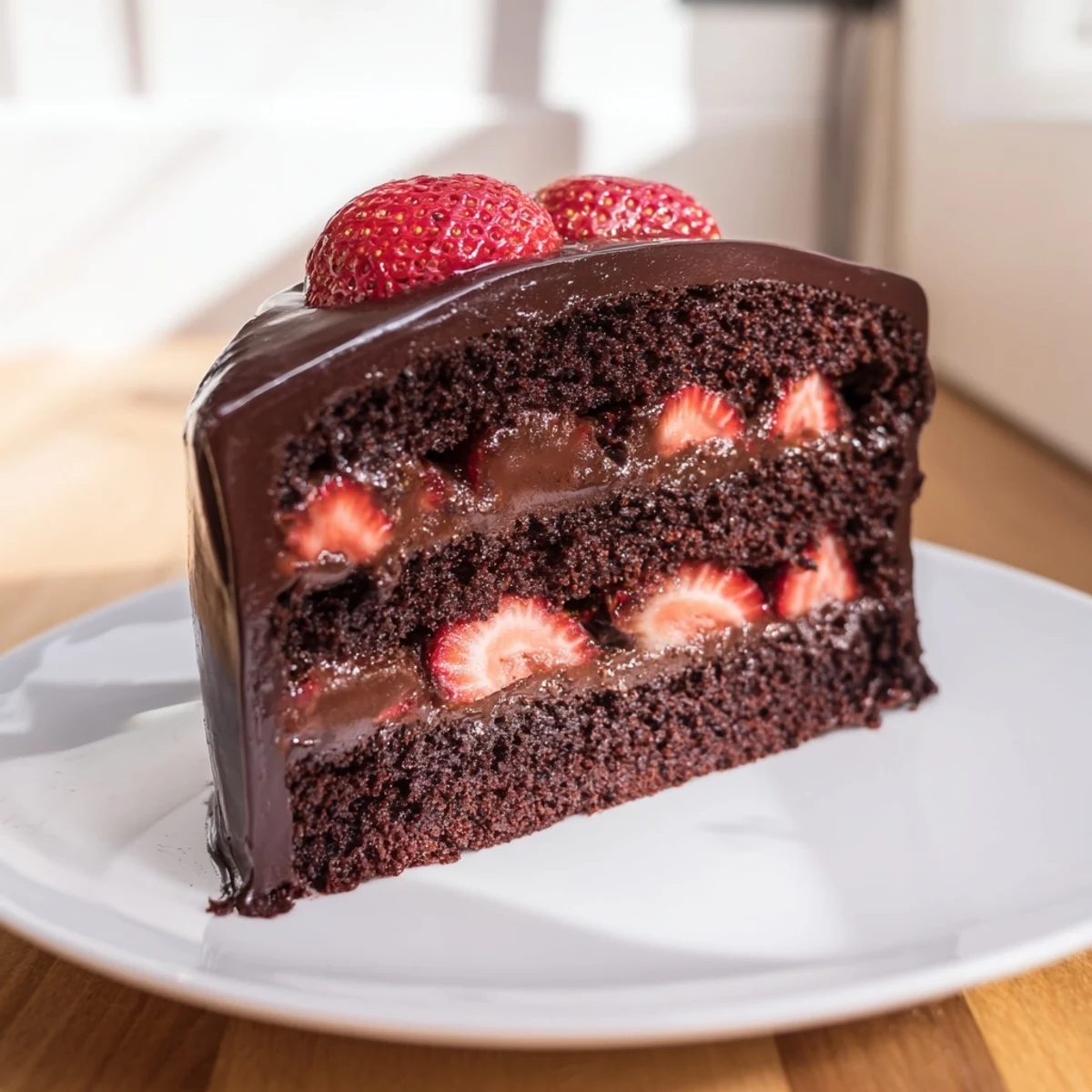 Decadent strawberry chocolate cake featuring glossy chocolate ganache and fresh strawberry slices