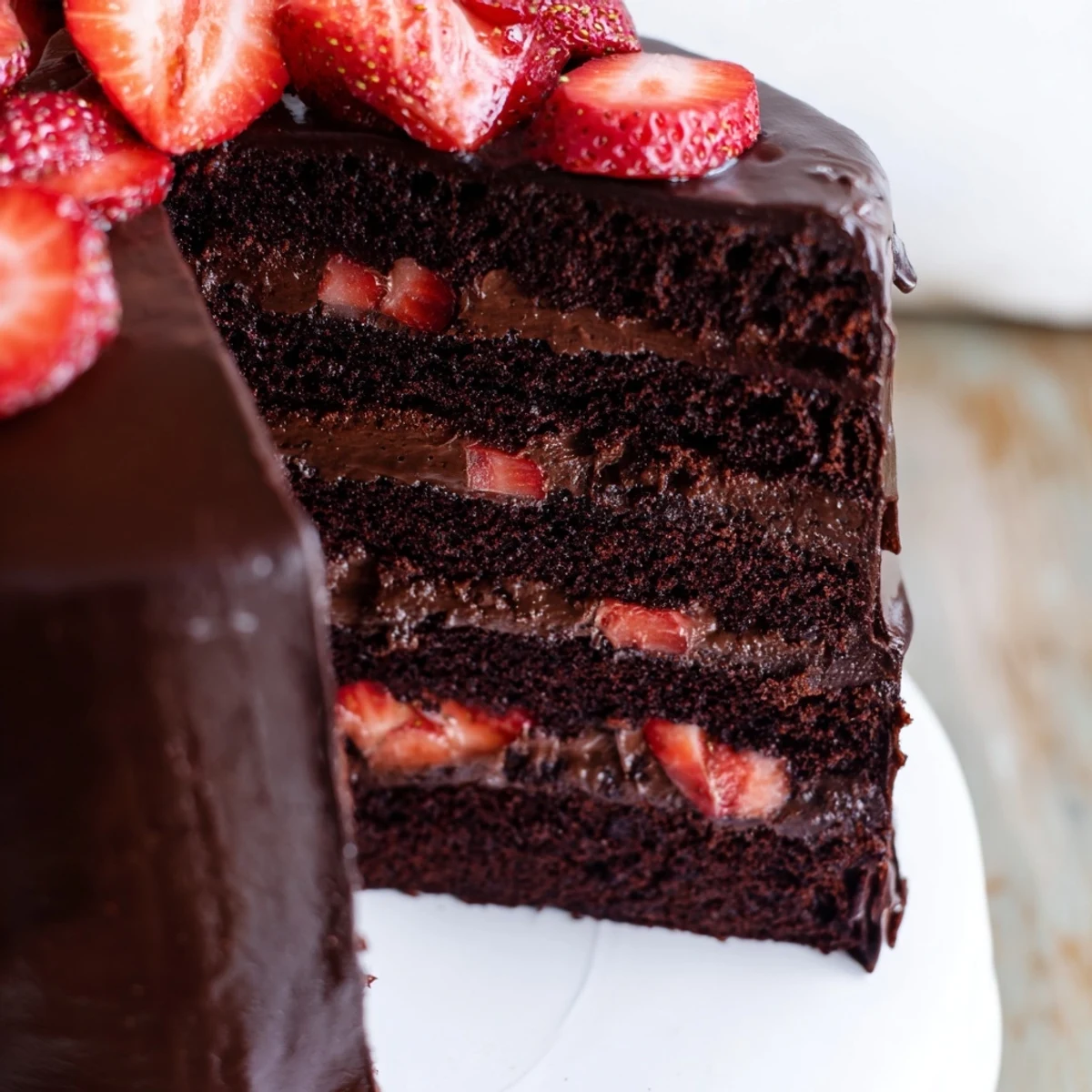 Rich chocolate layer cake topped with luscious ganache and vibrant red strawberries