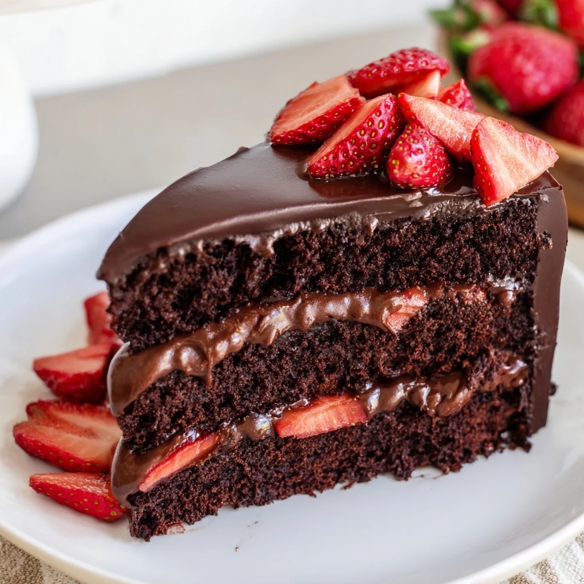 Moist chocolate cake layered between creamy chocolate ganache and sweet fresh strawberries