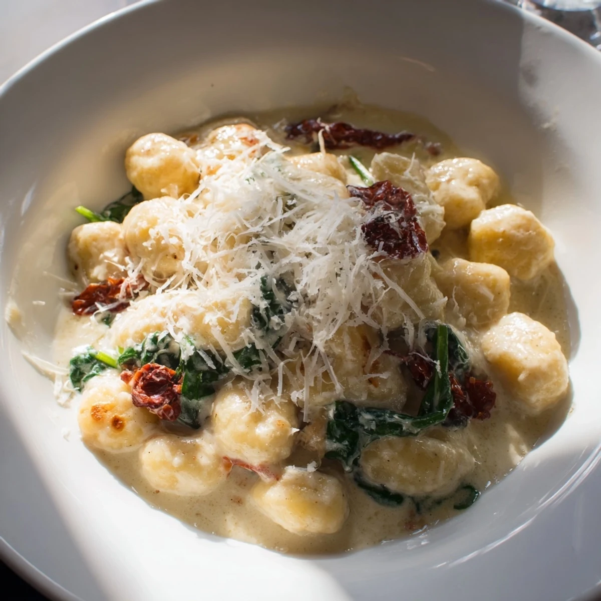Golden creamy sun dried tomato gnocchi plated with fresh parmesan and vibrant green spinach