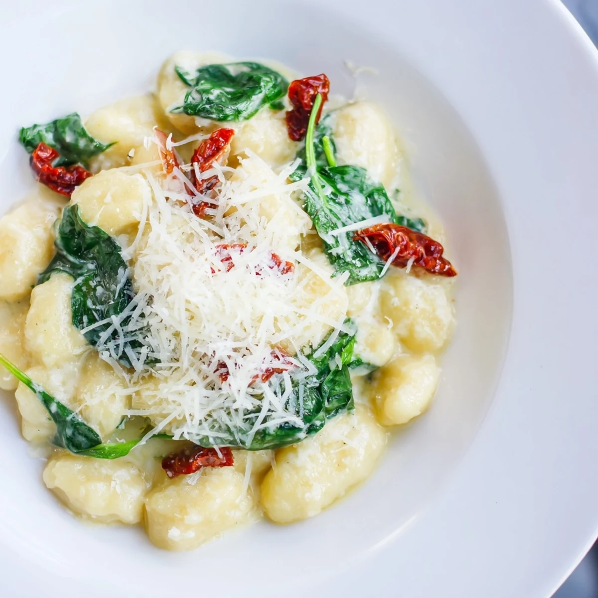 Tender potato gnocchi swimming in rich garlic cream sauce with chewy sun-dried tomato pieces