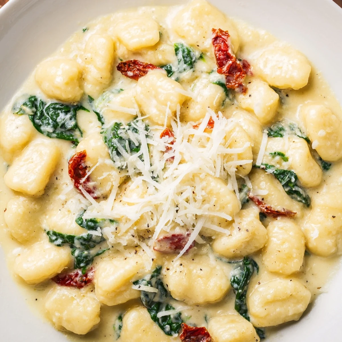 Creamy sun dried tomato gnocchi dish garnished with fresh basil and extra grated parmesan cheese