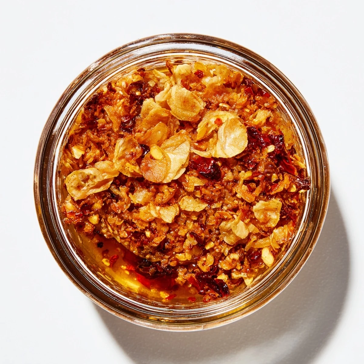 Glass jar filled with Trader Joe's Chili Onion Crunch featuring crispy golden shallots and vibrant red chili flakes