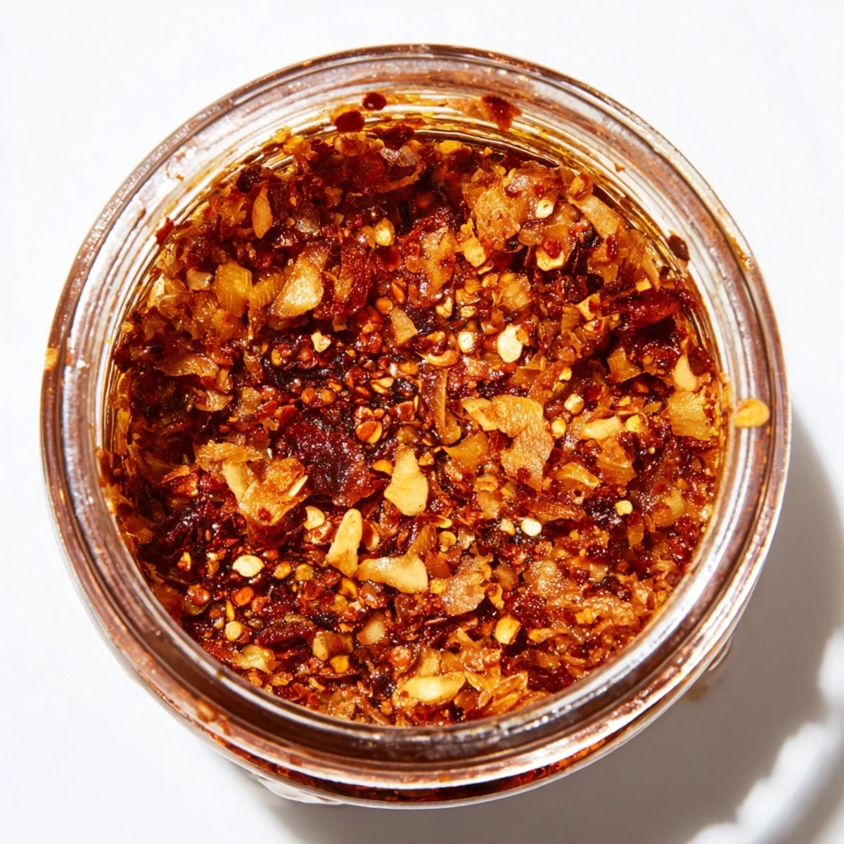 Spoonful of Trader Joe's Chili Onion Crunch condiment scattered over steaming rice noodles with fresh scallions