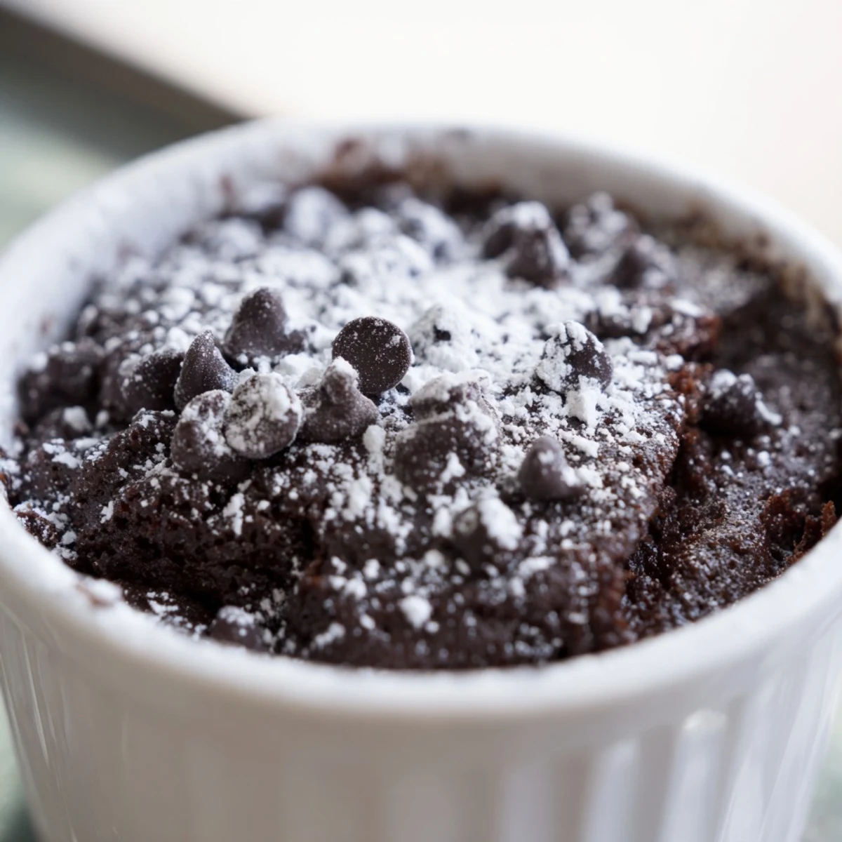 Mini chocolate cake with dusted powdered sugar resting on a white plate