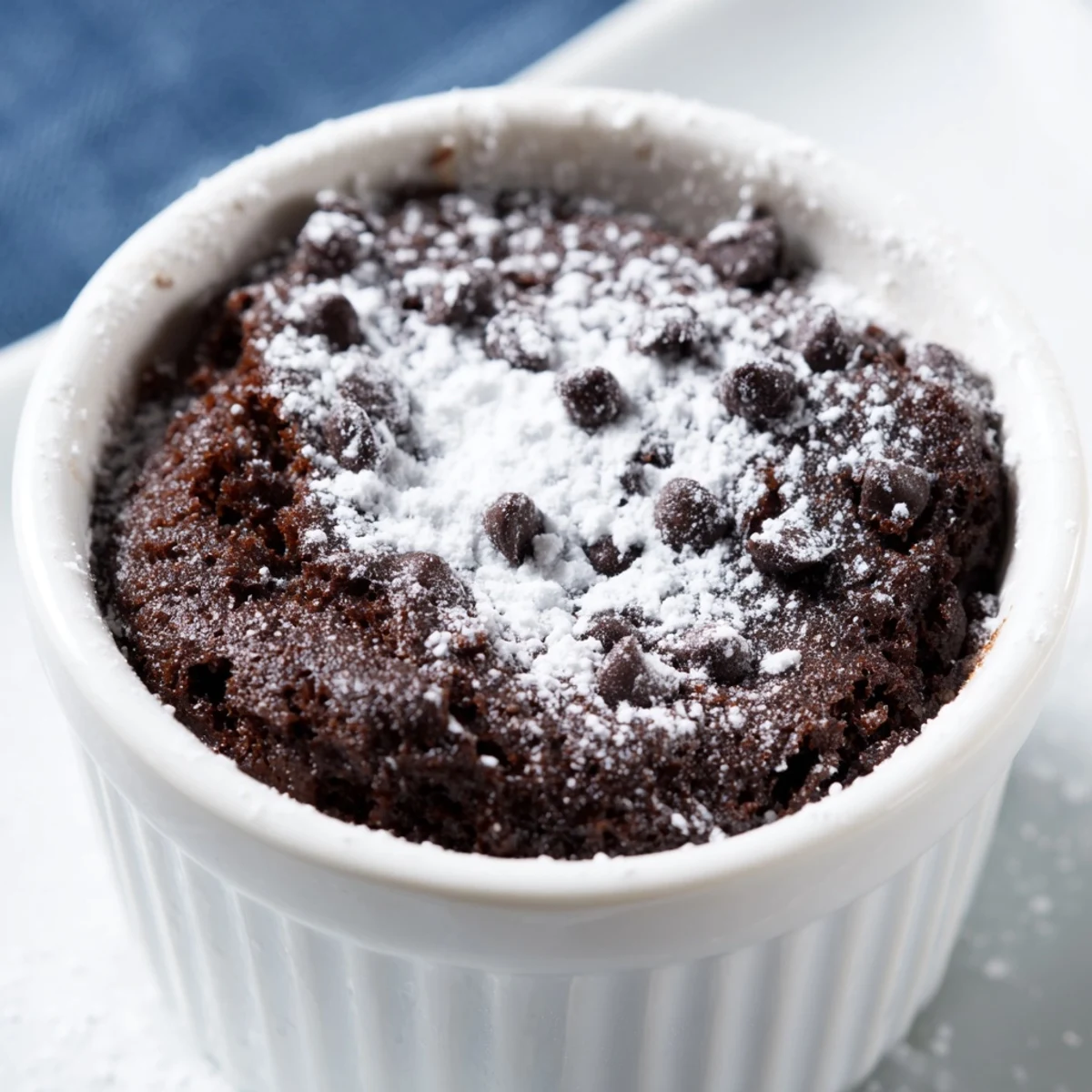 Warm mini chocolate cake topped with fresh raspberries and whipped cream garnish