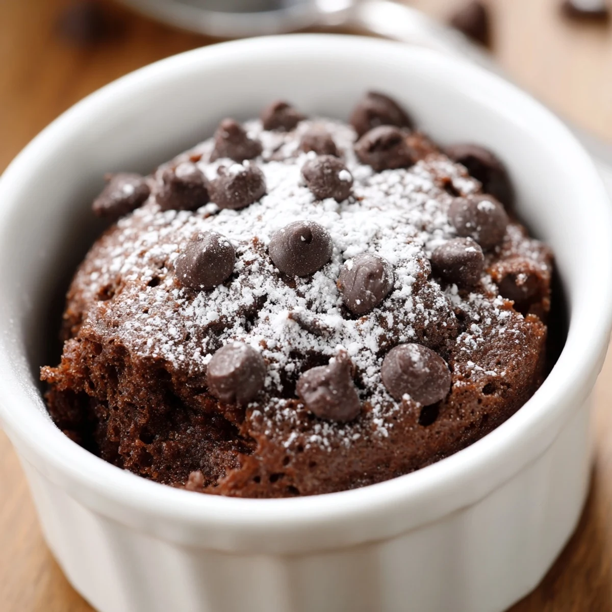 Decadent mini chocolate cake in a ramekin with melting chocolate chips visible