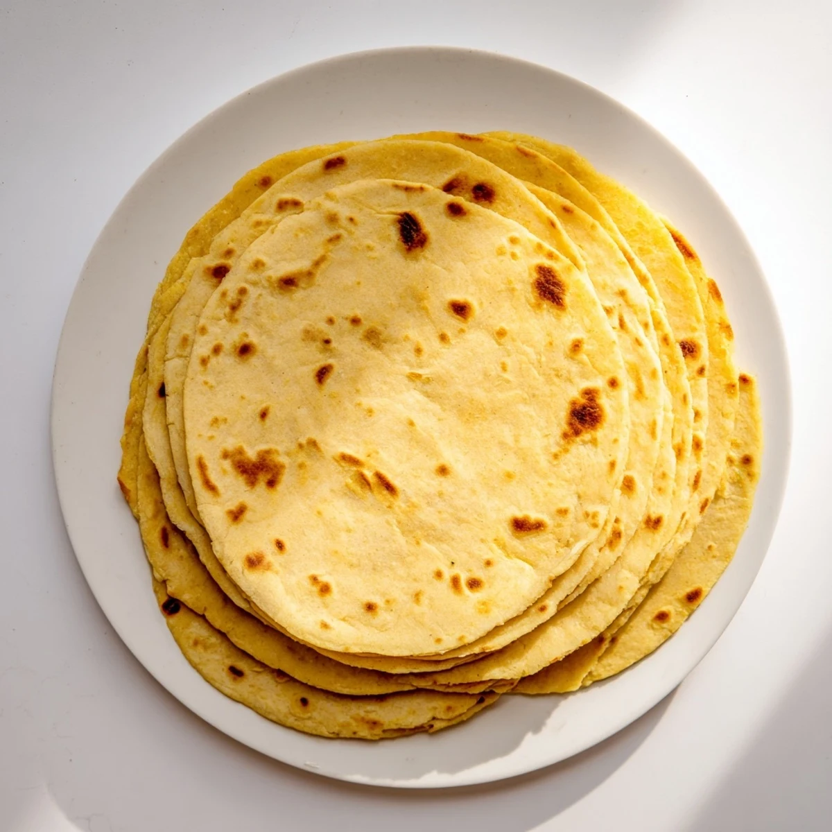 Golden gluten-free sweet potato cassava tortillas stacked on a wooden board with fresh lime wedges