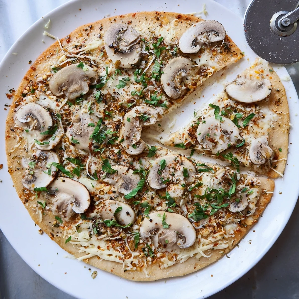 Golden White Mushroom Mozzarella Pizza bubbling with melted cheese and aromatic herbs