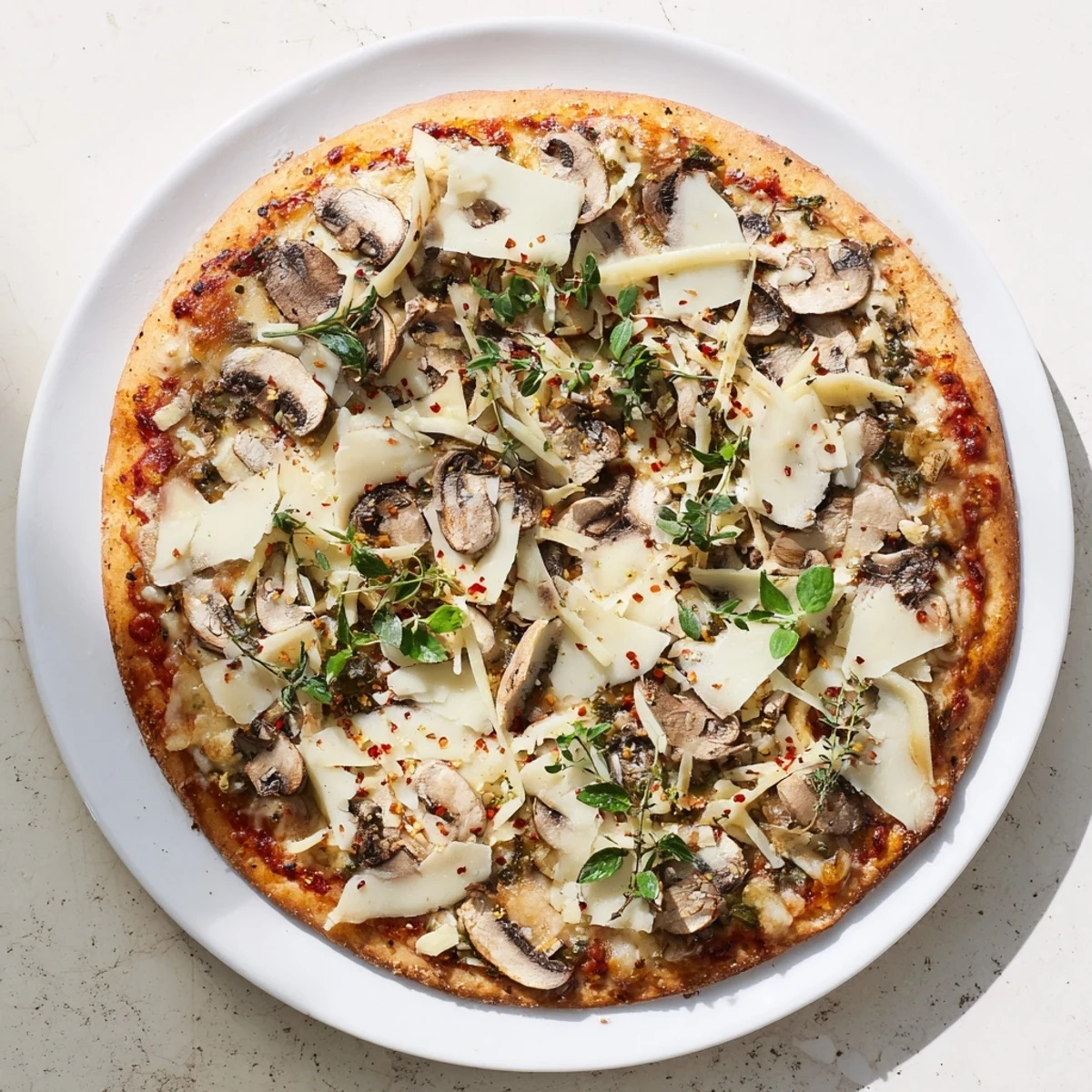 Sliced White Mushroom Mozzarella Pizza showing creamy mozzarella topping a crisp golden crust