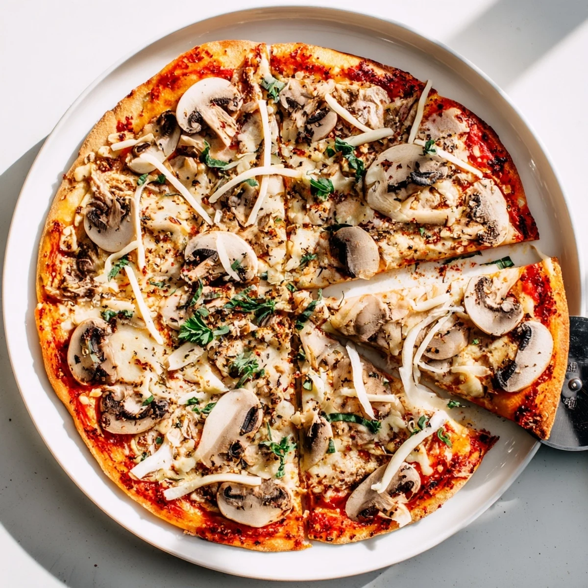 Vegetarian White Mushroom Mozzarella Pizza on a wooden board with fresh parsley garnish