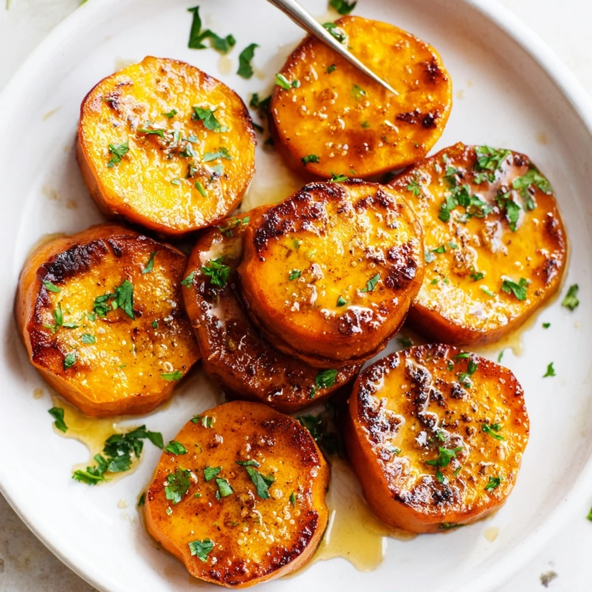 Close-up of Honey Drizzled Roasted Sweet Potato Medallions glistening with caramelized edges