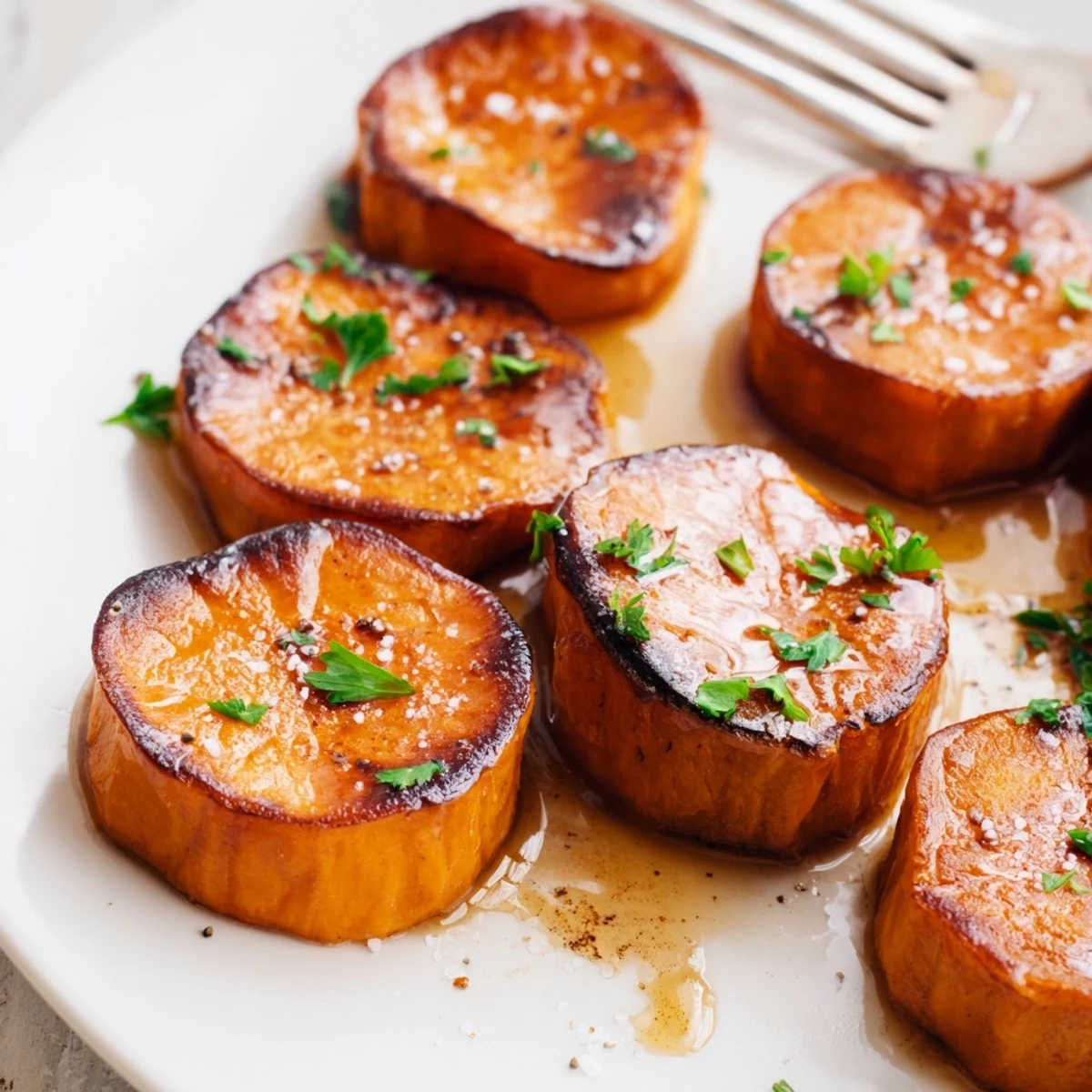 Plated Honey Drizzled Roasted Sweet Potato Medallions, golden rounds fragrant with cinnamon