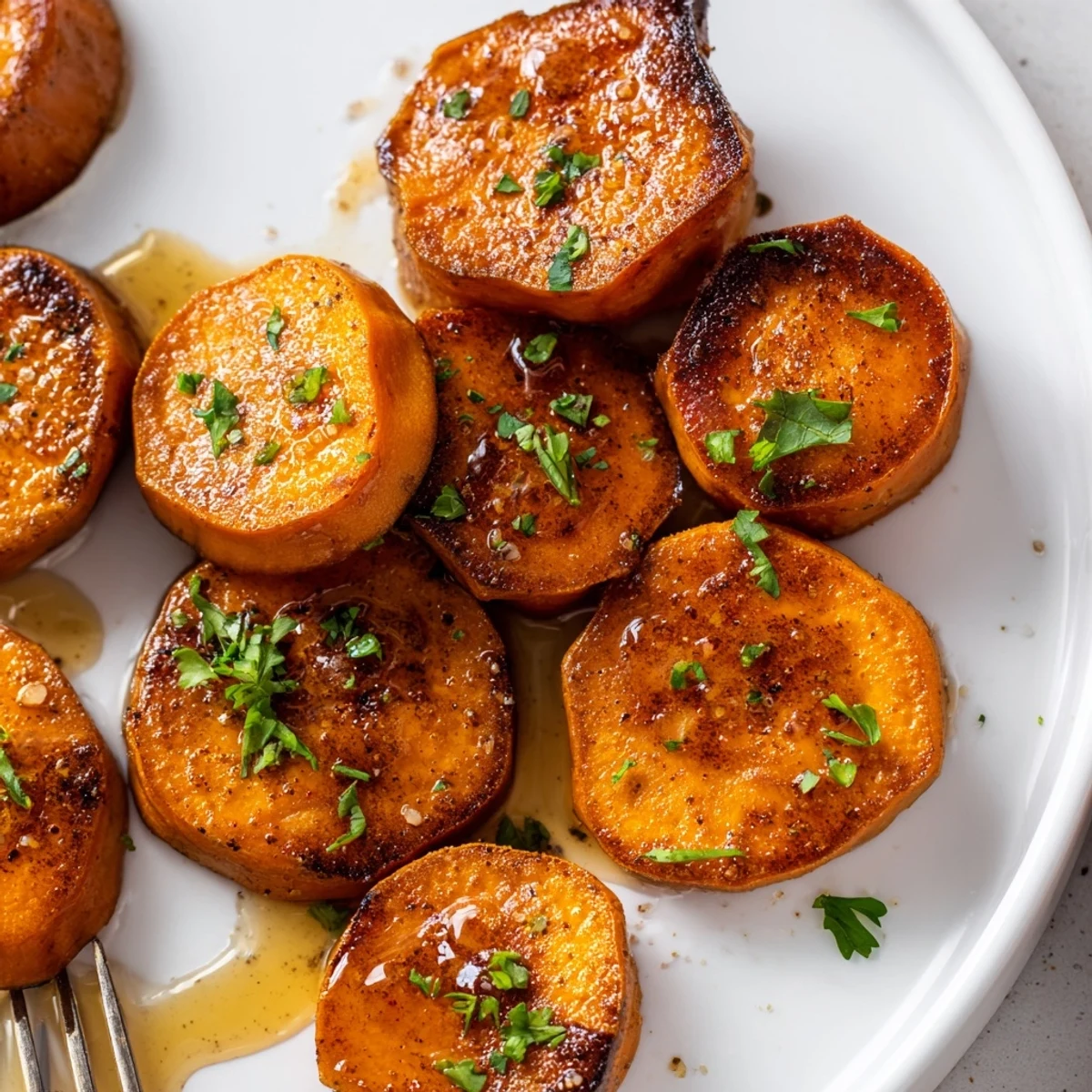 Honey Drizzled Roasted Sweet Potato Medallions, oven-crisped rounds served warm as side