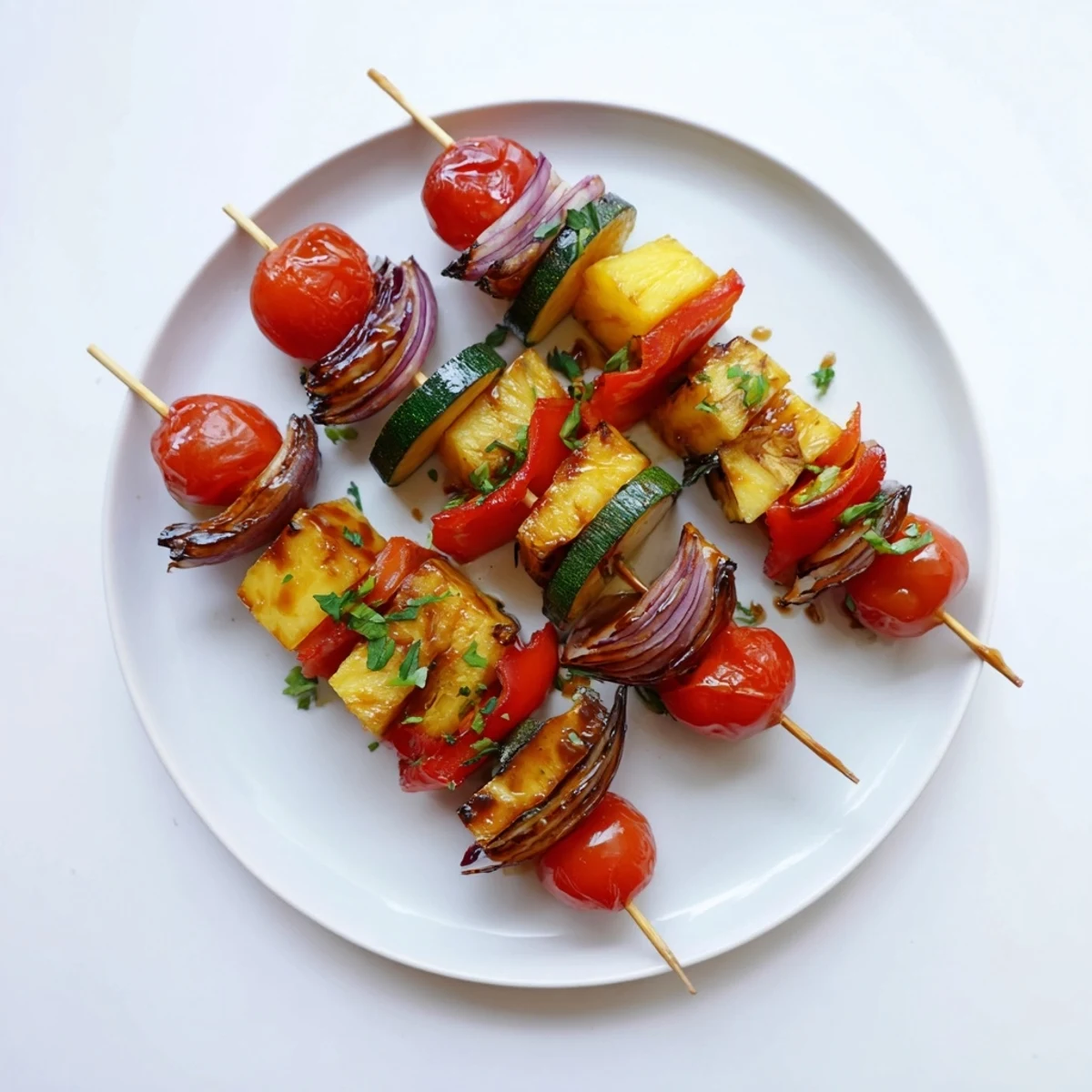 Golden grilled pineapple vegetable skewers featuring colorful bell peppers zucchini and onions on metal skewers