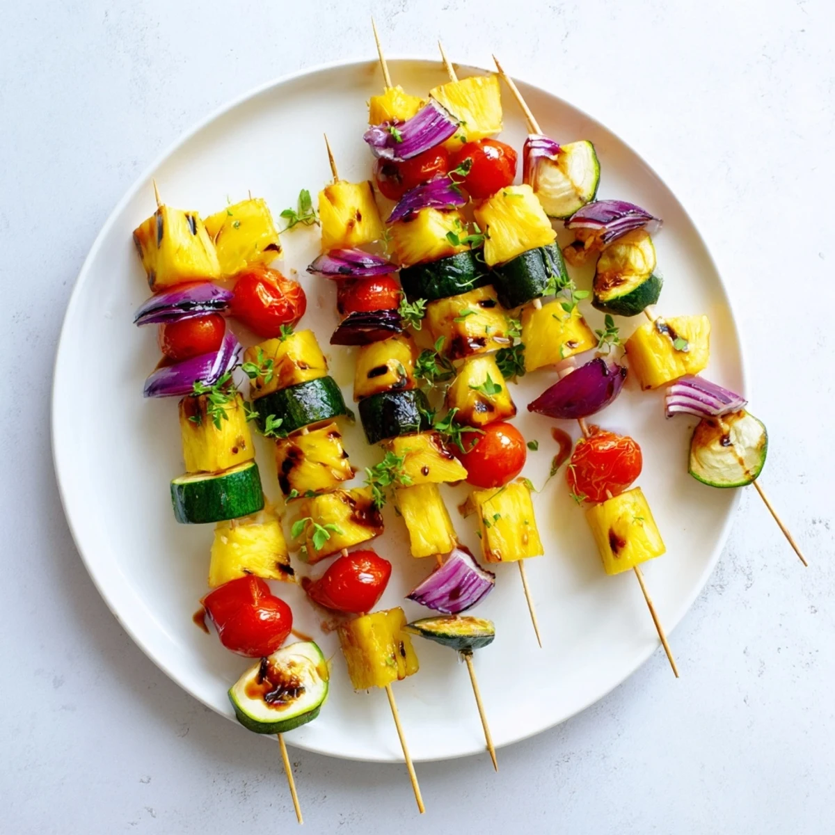 Healthy pineapple vegetable skewers with sweet glazed fruit and tender roasted veggies ready for summer grilling