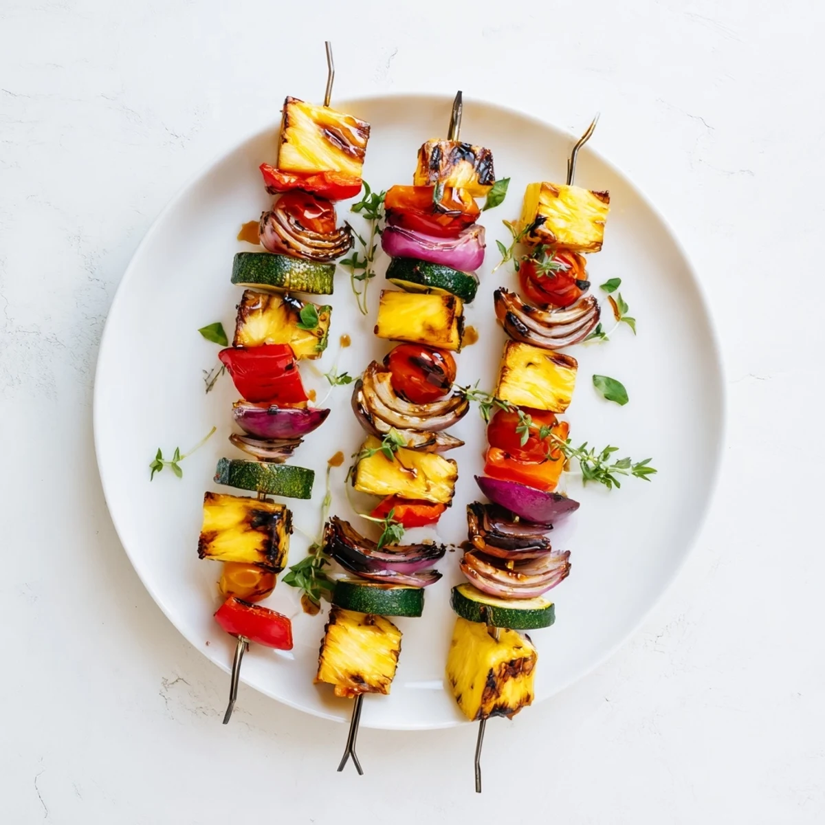 Fresh pineapple chunks and vibrant vegetables threaded on skewers with charred grill marks on a platter