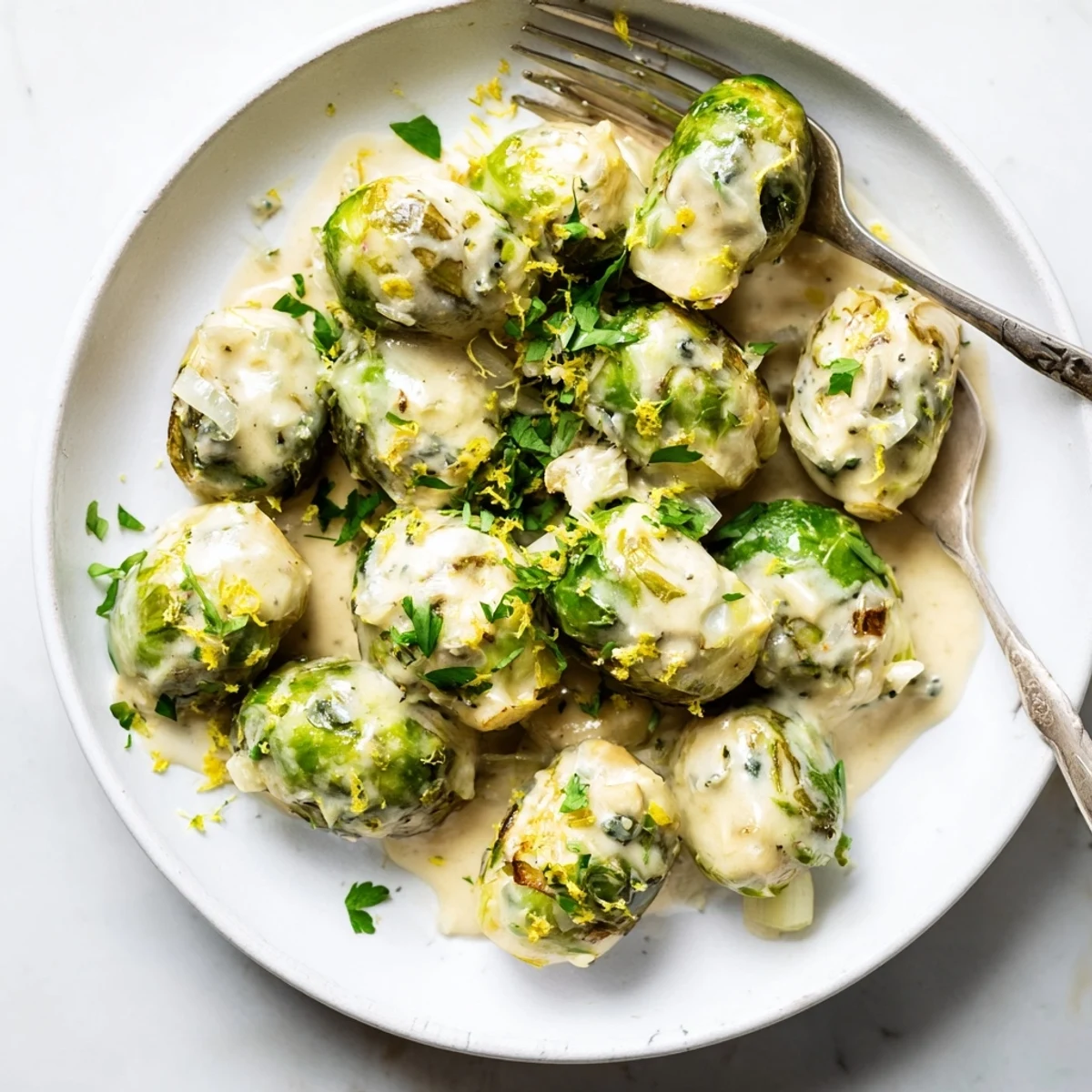 Serving bowl of tender Brussels sprouts with Boursin cheese sauce, lemon zest and chopped parsley