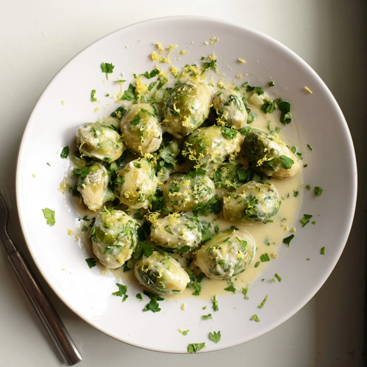 Golden tender Brussels sprouts coated in creamy melted Boursin cheese with fresh parsley garnish
