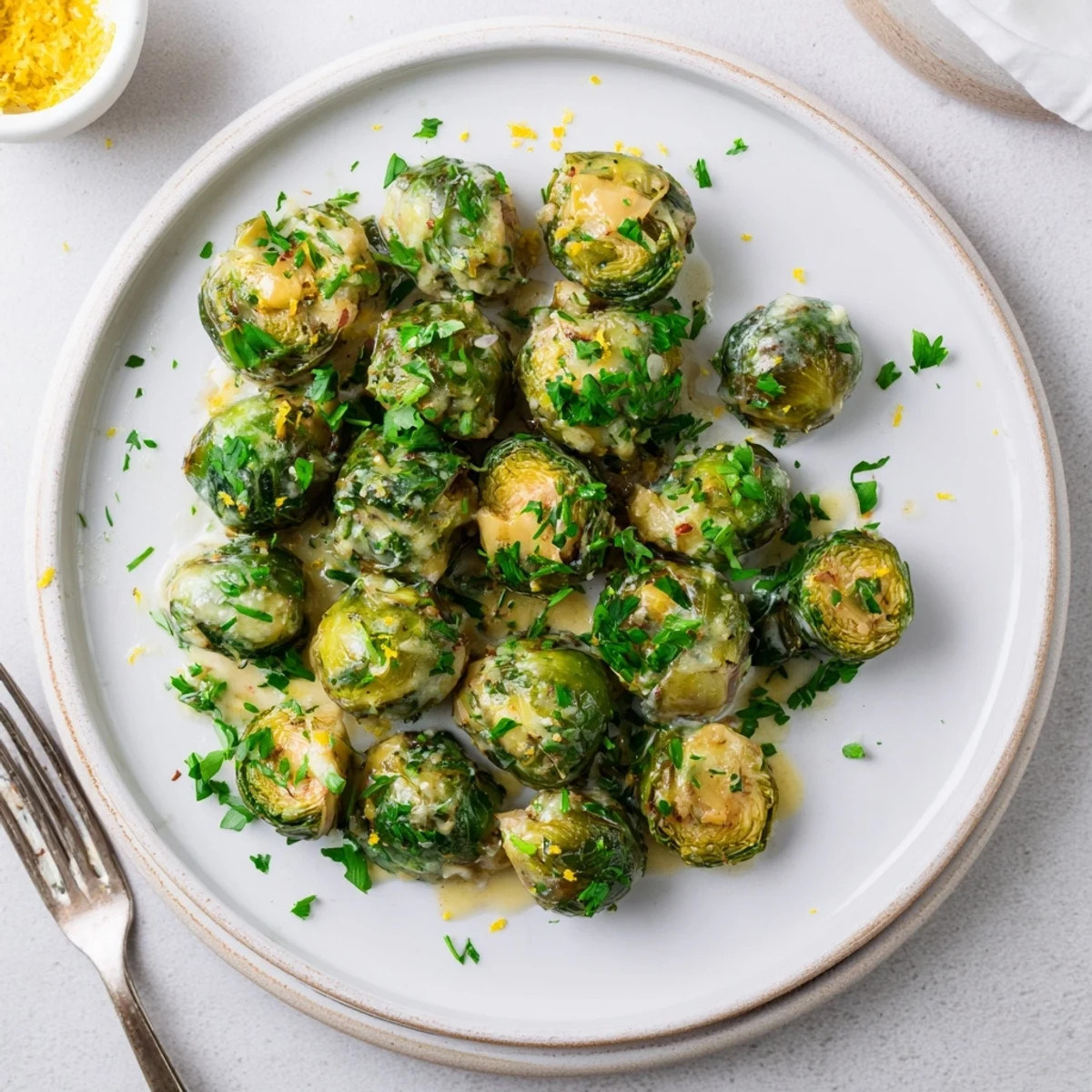 Creamy Boursin cheese melts over tender sautéed Brussels sprouts in a white serving dish