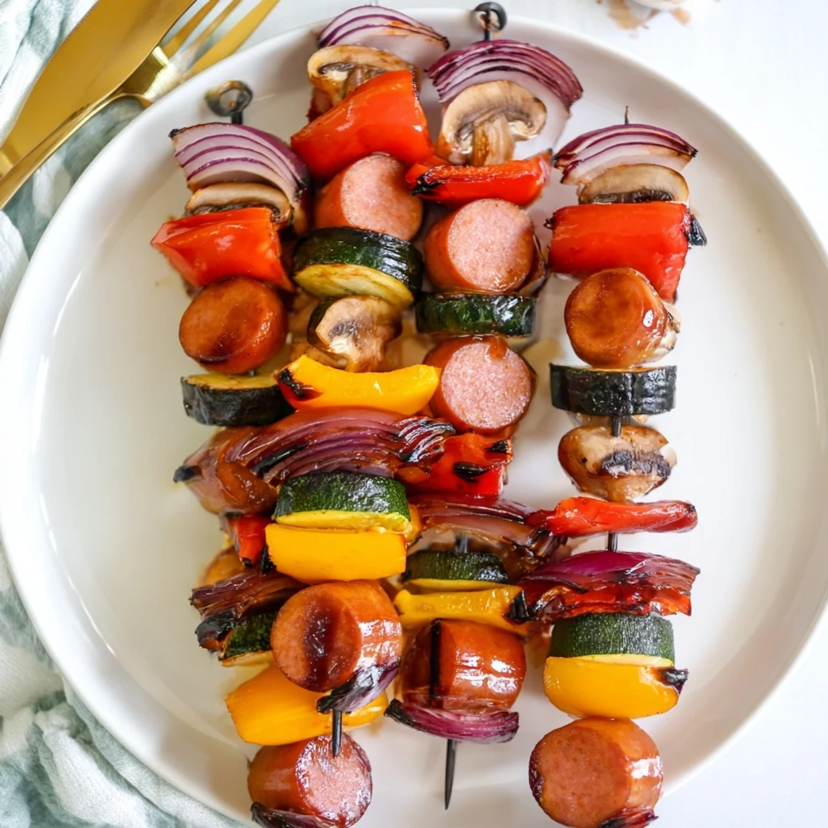Golden brown grilled kielbasa kabobs with colorful vegetables coated in shiny balsamic honey glaze