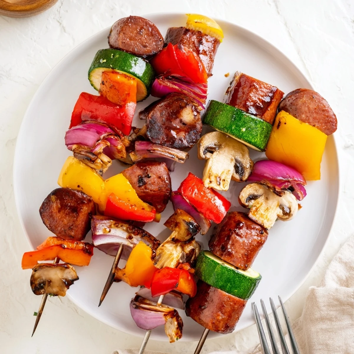 Savory kielbasa and vibrant bell pepper skewers glistening with sweet tangy honey balsamic glaze