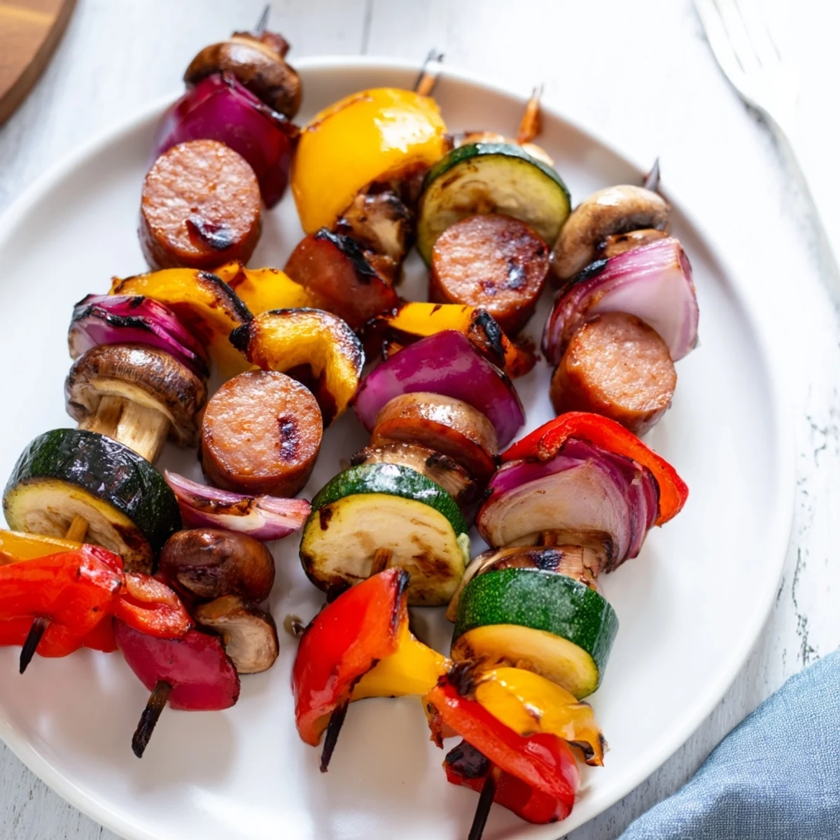 Platter of smoky grilled kielbasa kabobs brushed with balsamic honey glaze alongside fresh vegetables