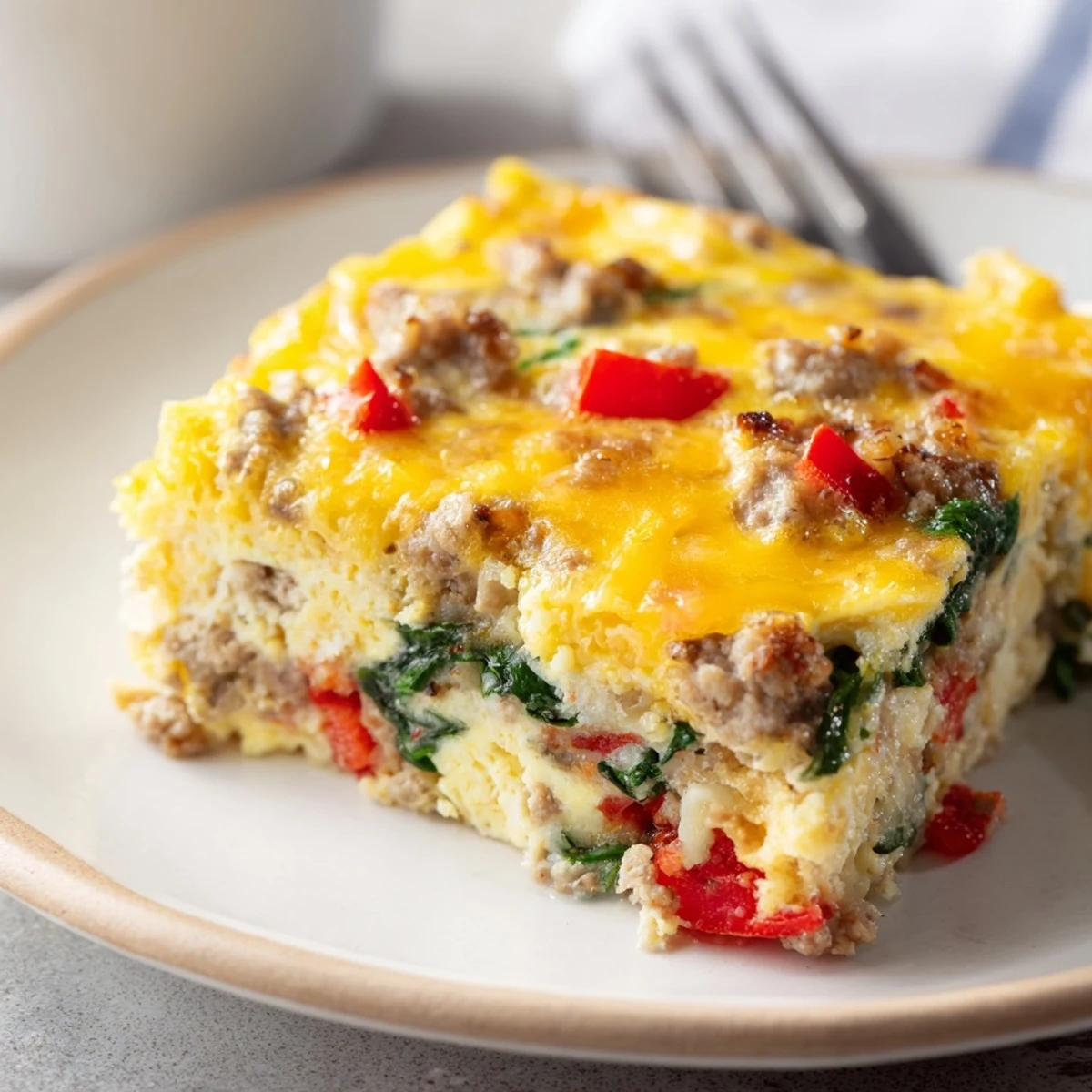 Golden brown high protein egg casserole topped with melted cheddar and colorful vegetables