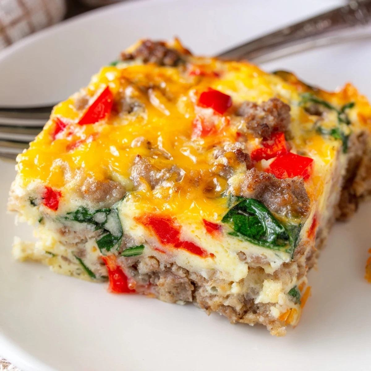 Sliced high protein egg casserole revealing fluffy texture with turkey sausage and spinach