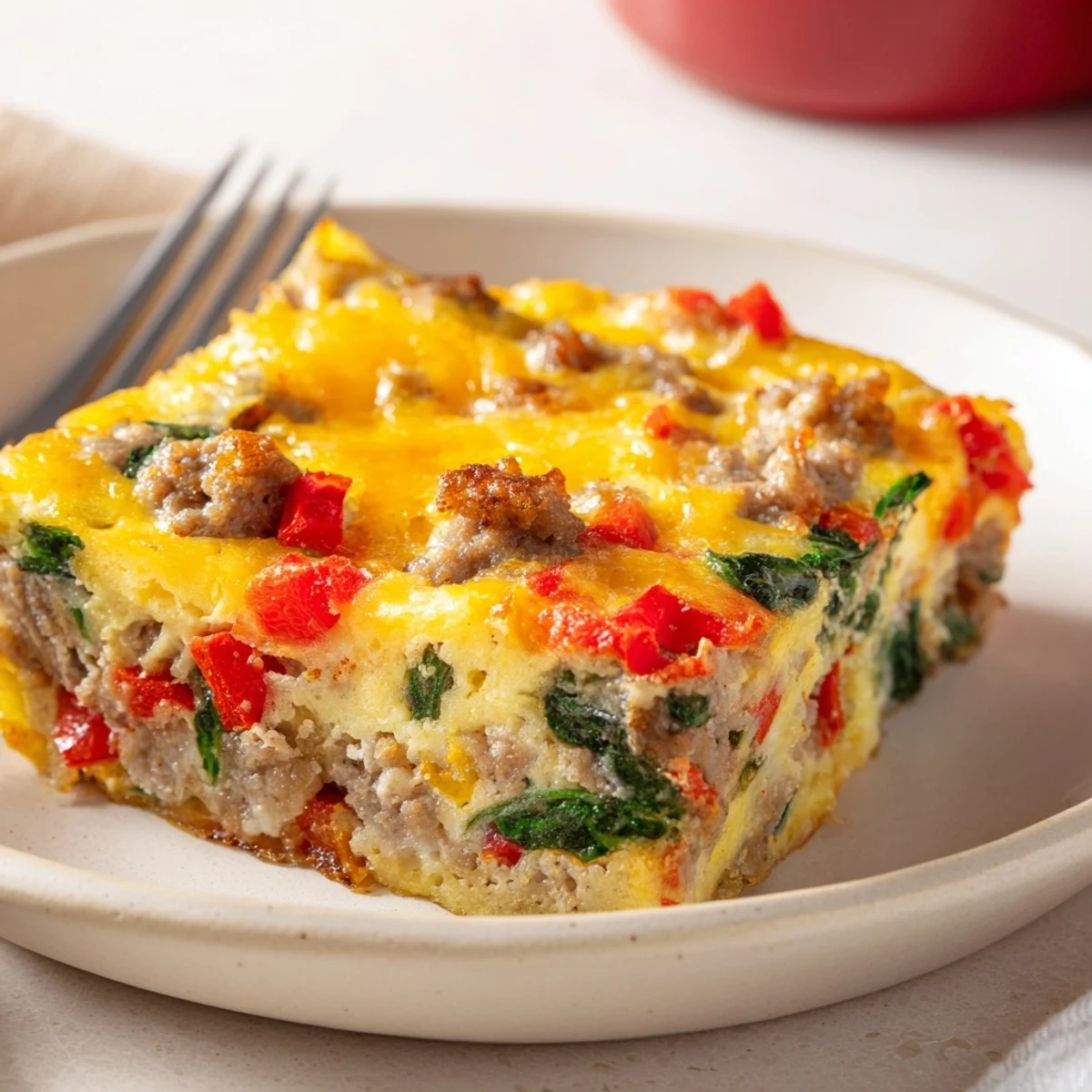Baking dish filled with high protein egg casserole ready for meal prep breakfast