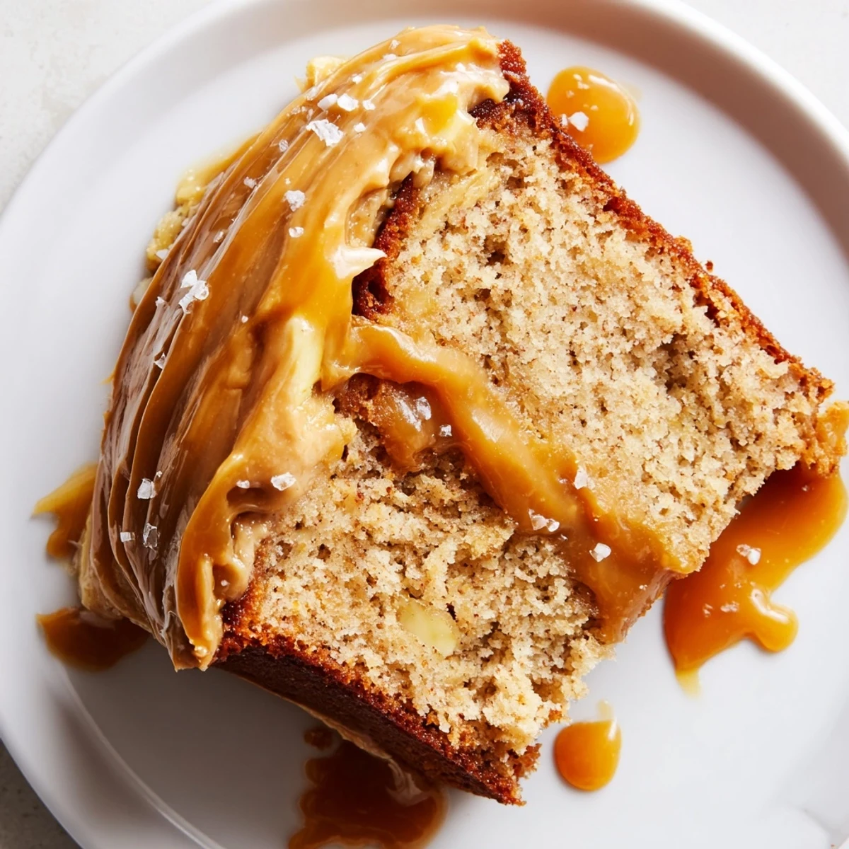 Moist salted caramel brown butter banana cake recipe with glossy caramel drizzle and fluffy frosting on a white plate