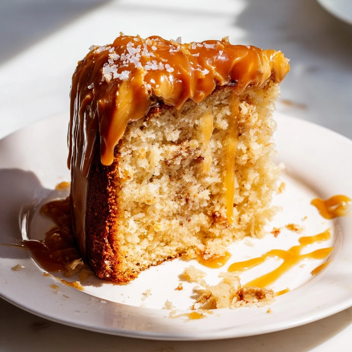 Decadent salted caramel brown butter banana cake recipe slice revealing tender crumb with caramel buttercream and sea salt garnish