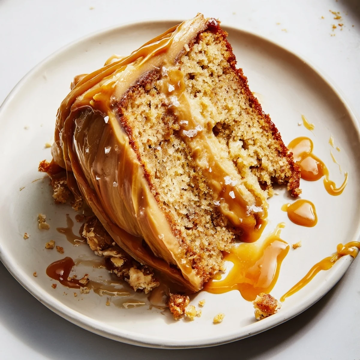 Homemade salted caramel brown butter banana cake recipe layered with rich sauce and topped with swirled caramel frosting
