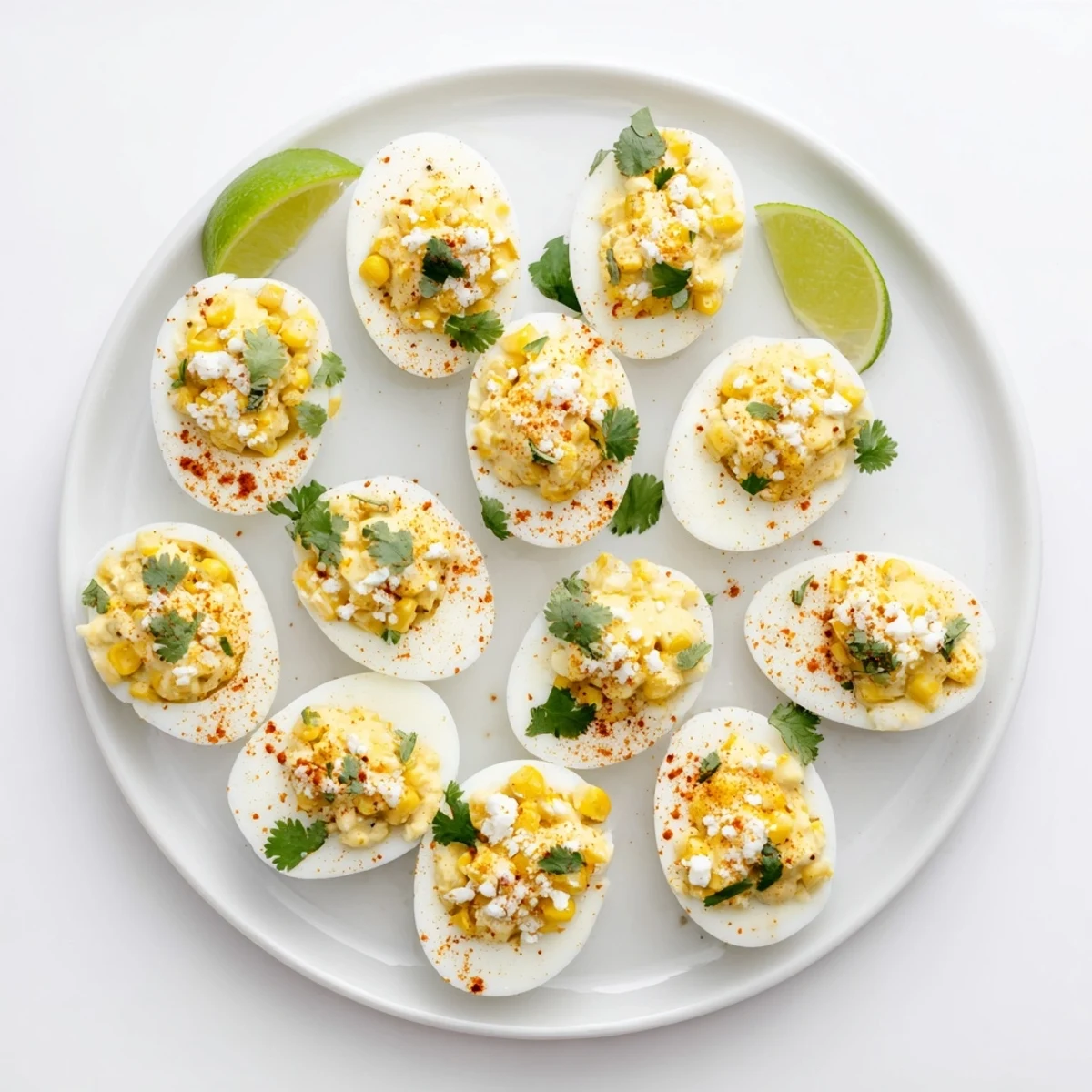 Creamy Mexican street corn deviled eggs topped with cotija cheese, cilantro, and chili powder