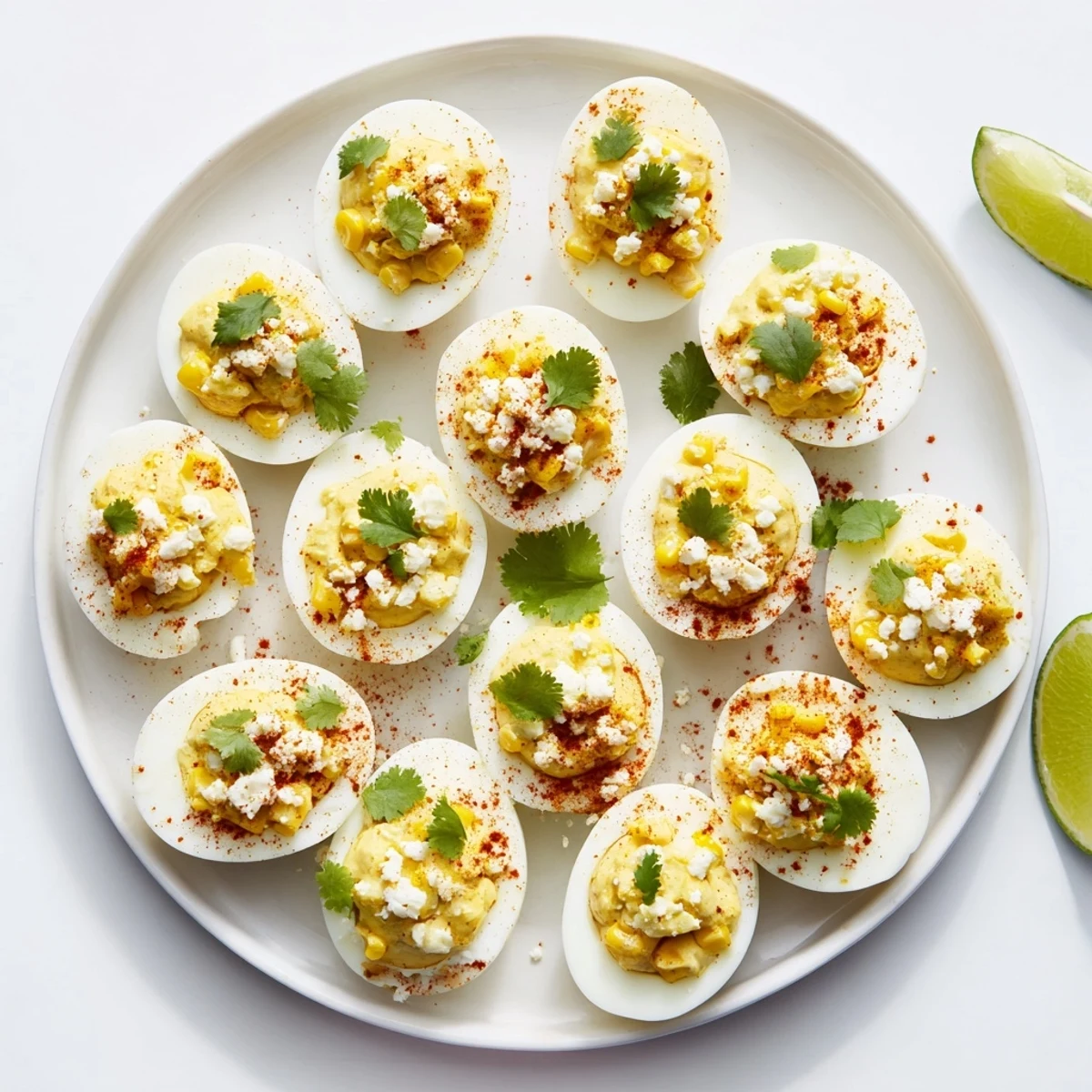 Golden deviled eggs filled with sweet corn and tangy lime, garnished with crumbled white cheese