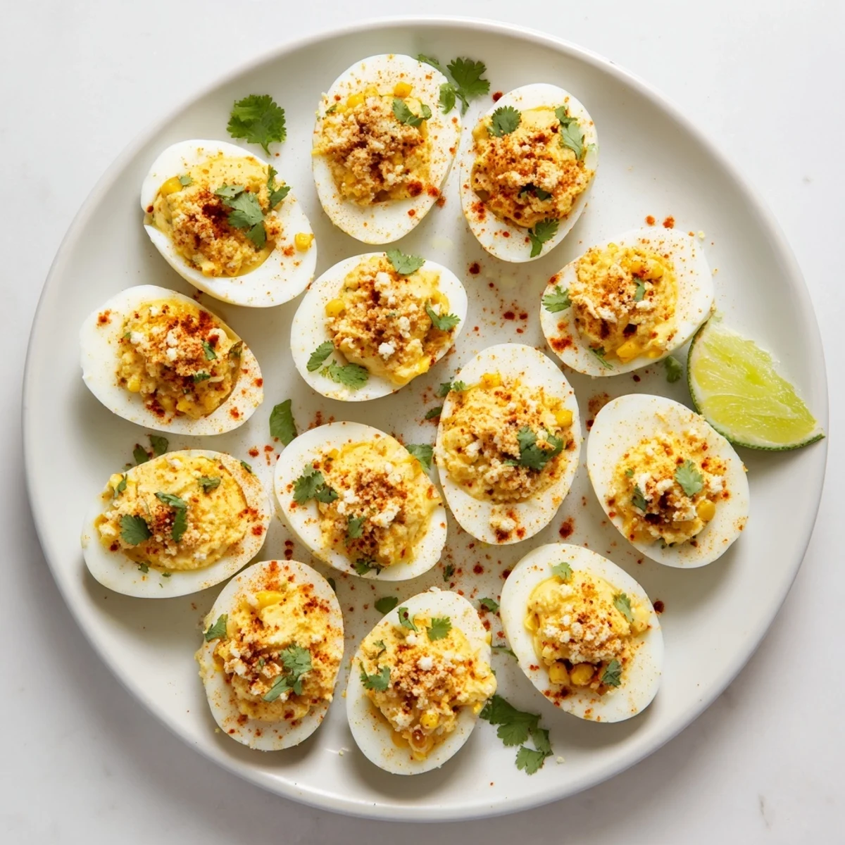 Vibrant plate of Mexican street corn deviled eggs sprinkled with Tajín and fresh herbs