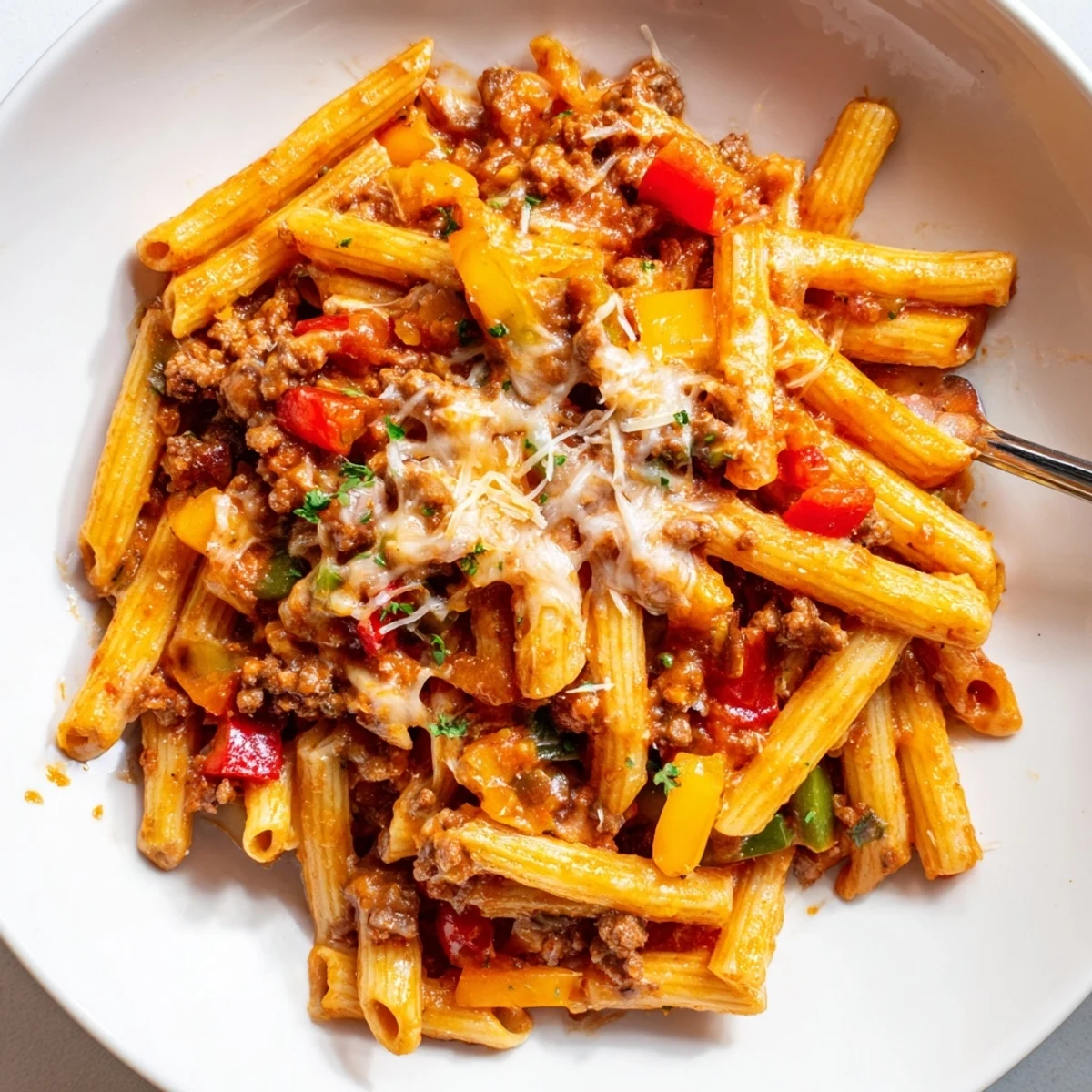 Hearty Cheesy Stuffed Pepper Skillet Pasta served hot, garnished with fresh basil.