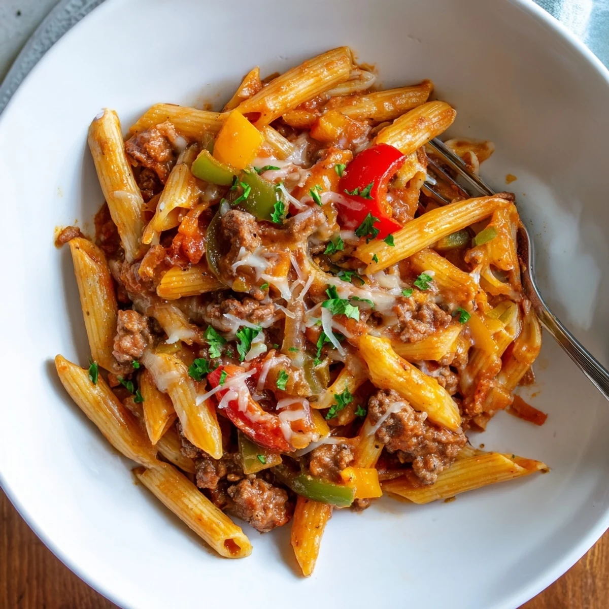 Cheesy Stuffed Pepper Skillet Pasta bubbling with melted mozzarella, vibrant bell peppers.