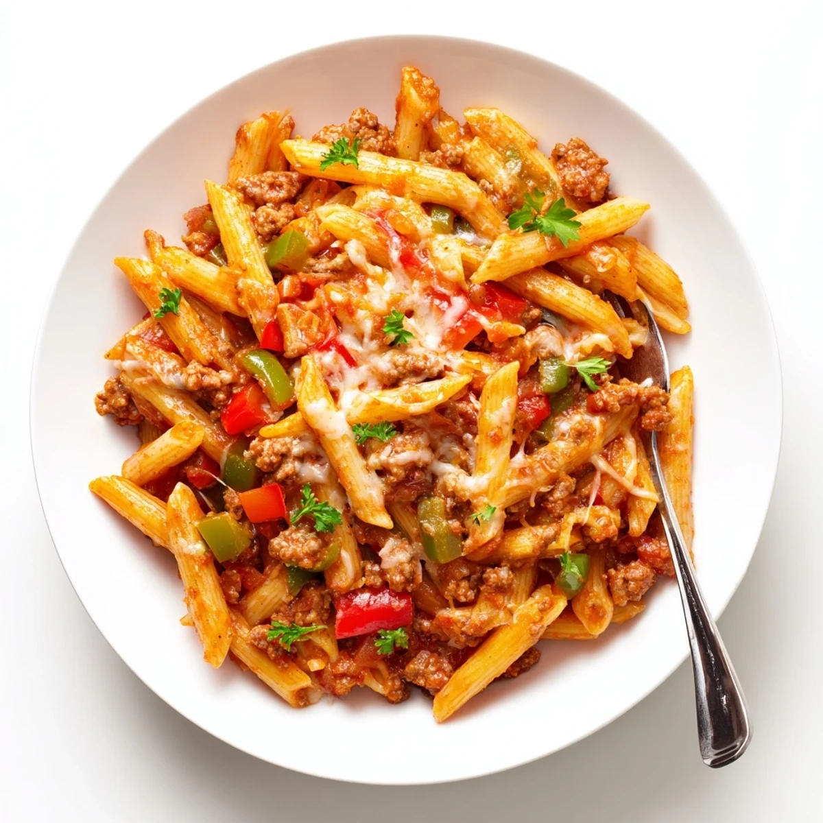One pan Cheesy Stuffed Pepper Skillet Pasta steaming, savory meat and cheese.
