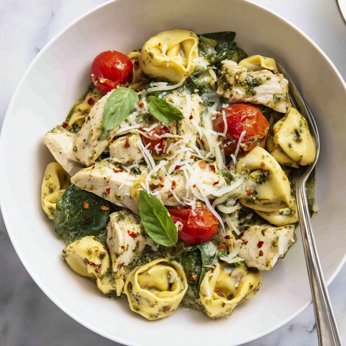 Creamy, bubbling, cheese-stretched dinner: Slow Cooker Tortellini Casserole With Cheesy Chicken Pesto