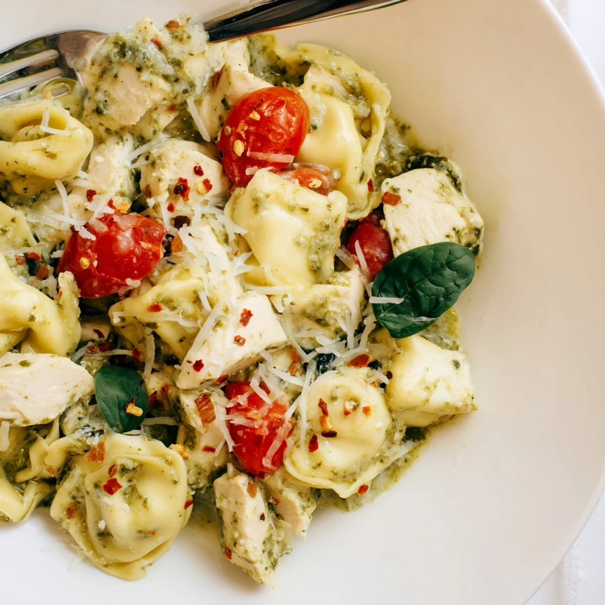 Hearty Slow Cooker Tortellini Casserole With Cheesy Chicken Pesto served steaming with crusty bread