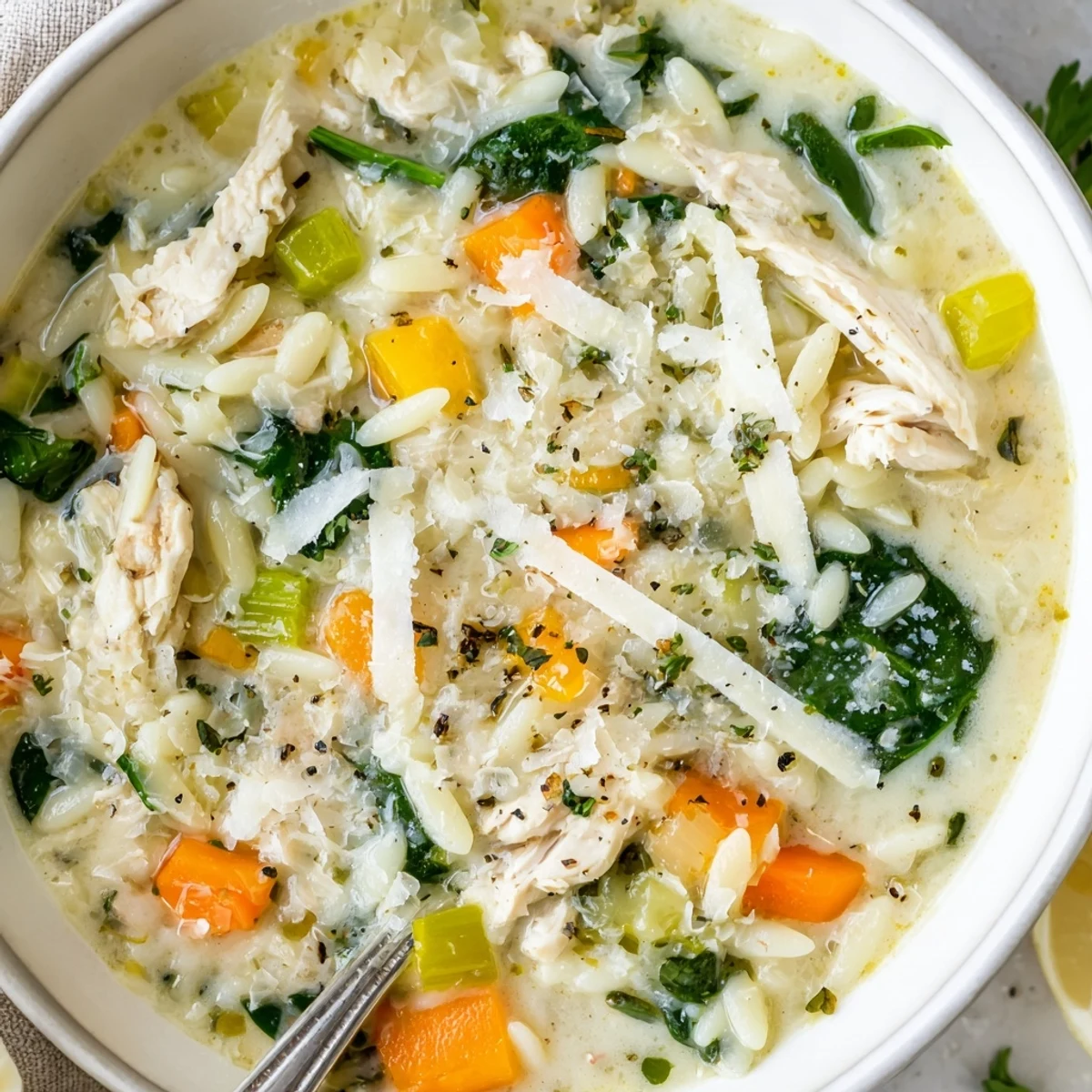 Creamy Chicken Florentine Soup With Orzo, steaming in a bowl, tender chicken.
