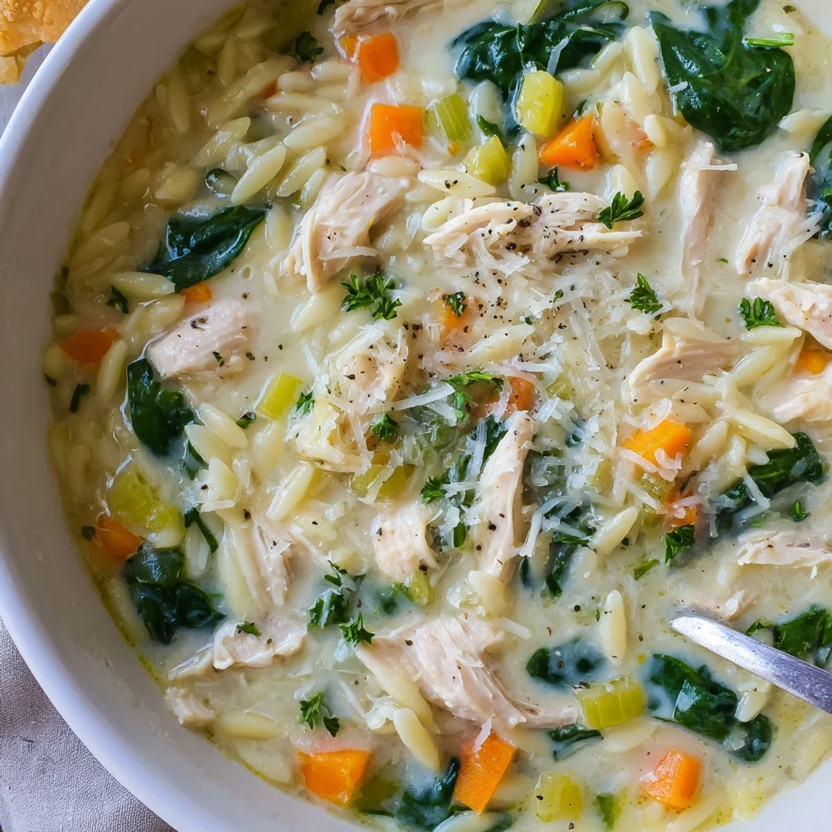 Warm, cozy spoonfuls of Creamy Chicken Florentine Soup With Orzo, garlicky aroma.
