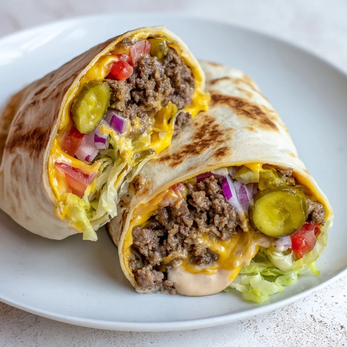 Cheeseburger Wrap Recipe with melty cheddar, juicy beef, crisp lettuce.