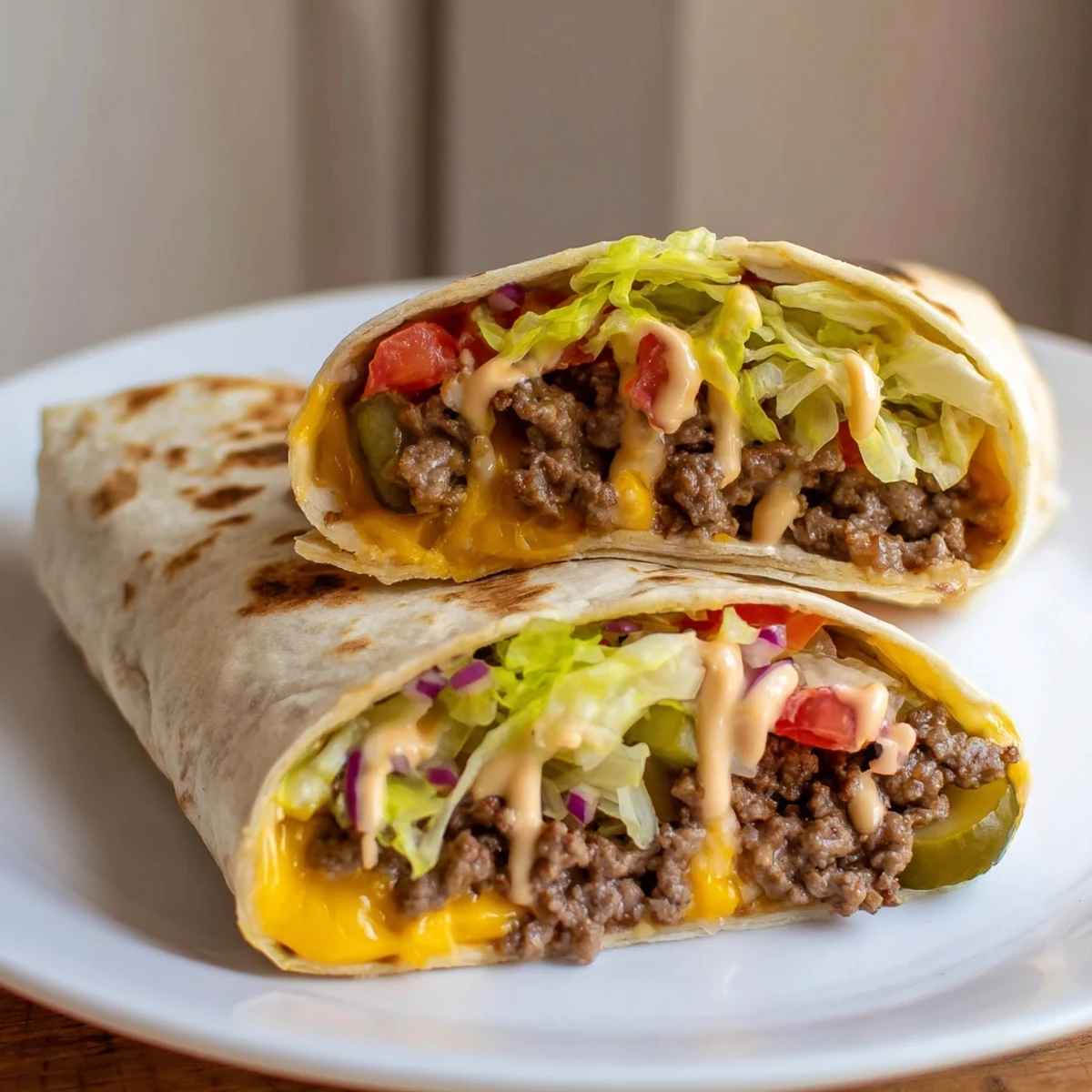Grilled Cheeseburger Wrap Recipe sliced in half, revealing gooey cheese.