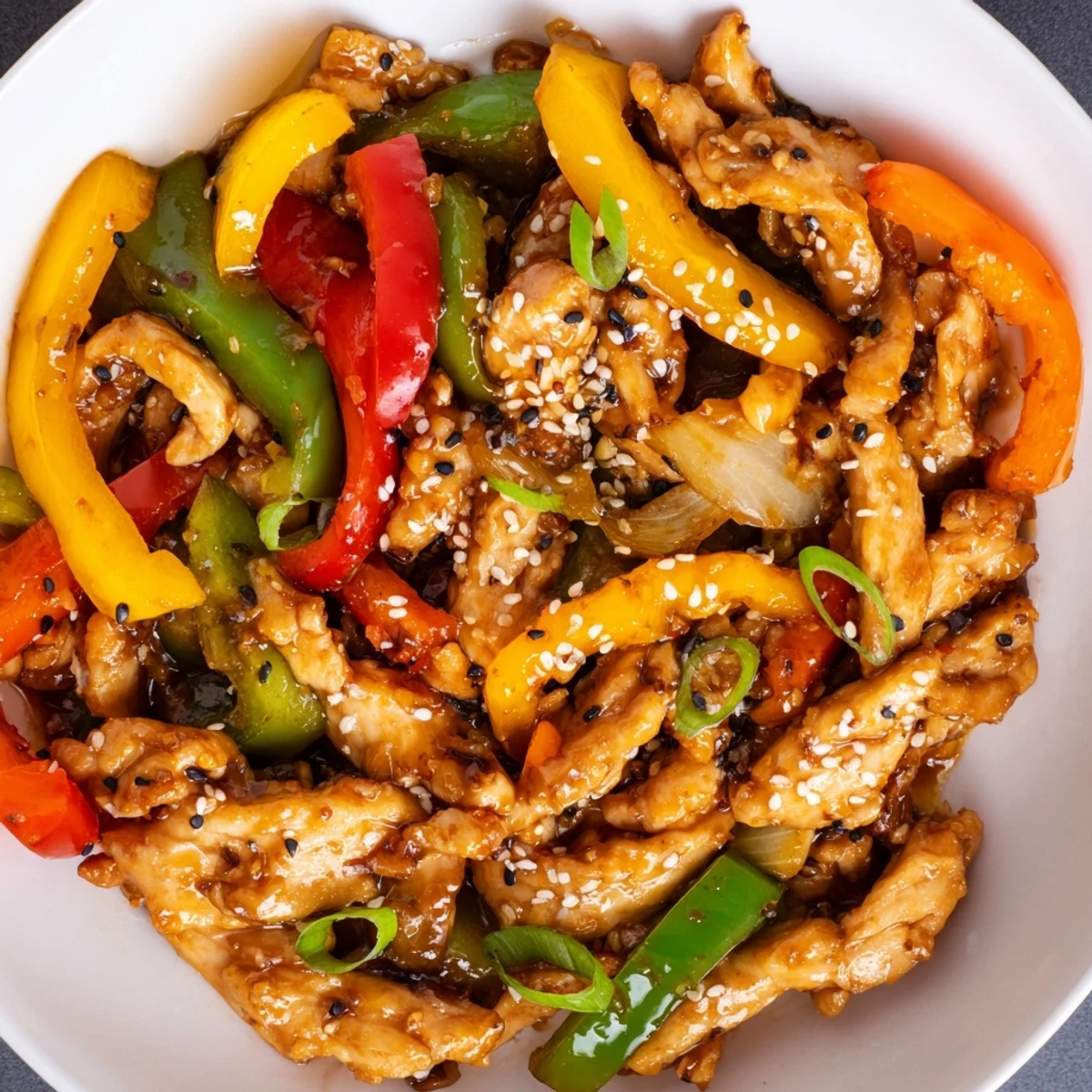 Quick Pepper Chicken Stir Fry sizzling in wok with glossy sesame sauce