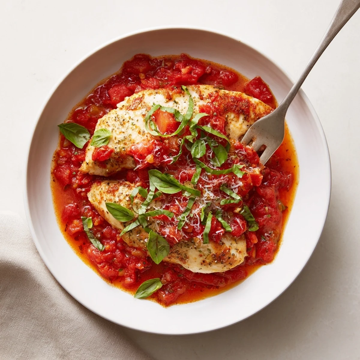 Slow Cooker Tomato Basil Chicken Breasts simmering in rich tomato sauce, basil garnish