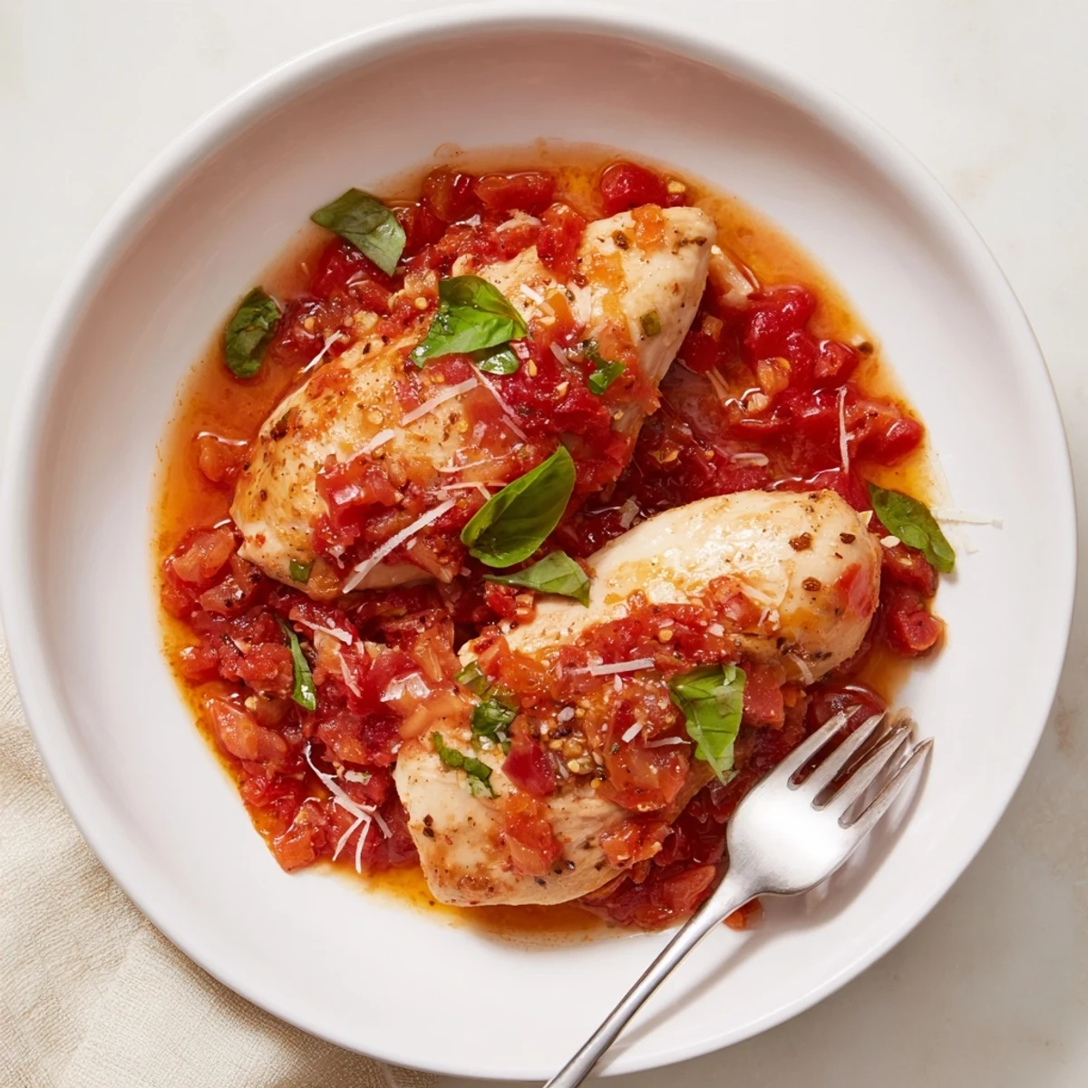 Juicy Slow Cooker Tomato Basil Chicken Breasts spooned over pasta, fresh basil
